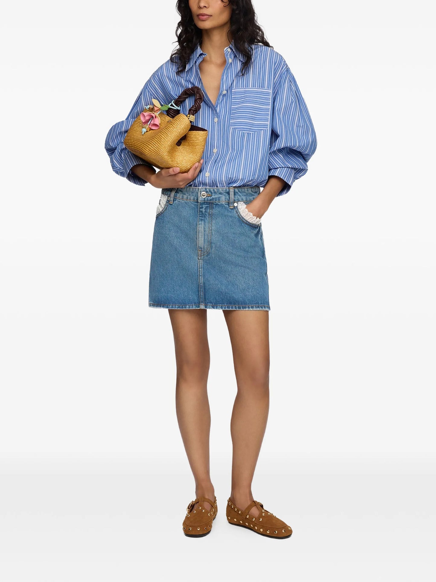 lace-trim denim skirt