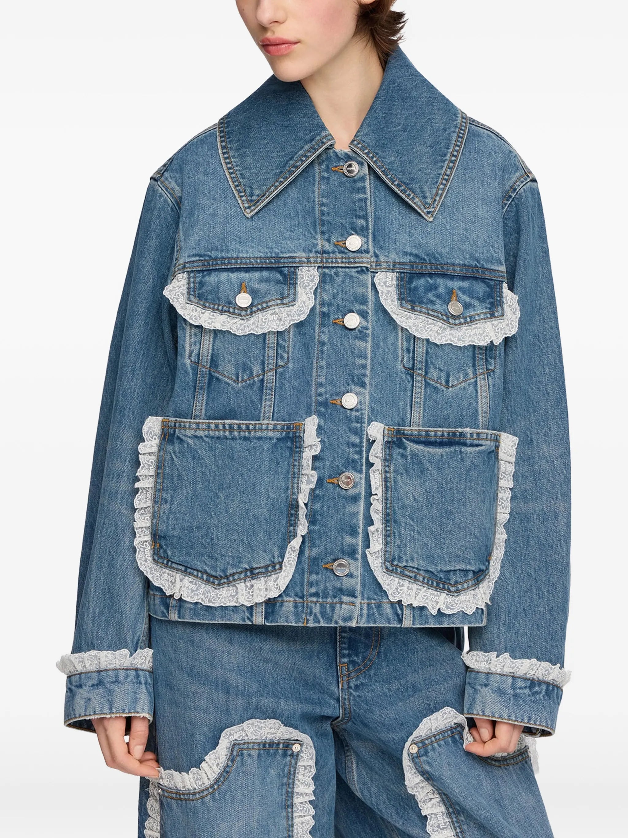 lace-trim denim jacket