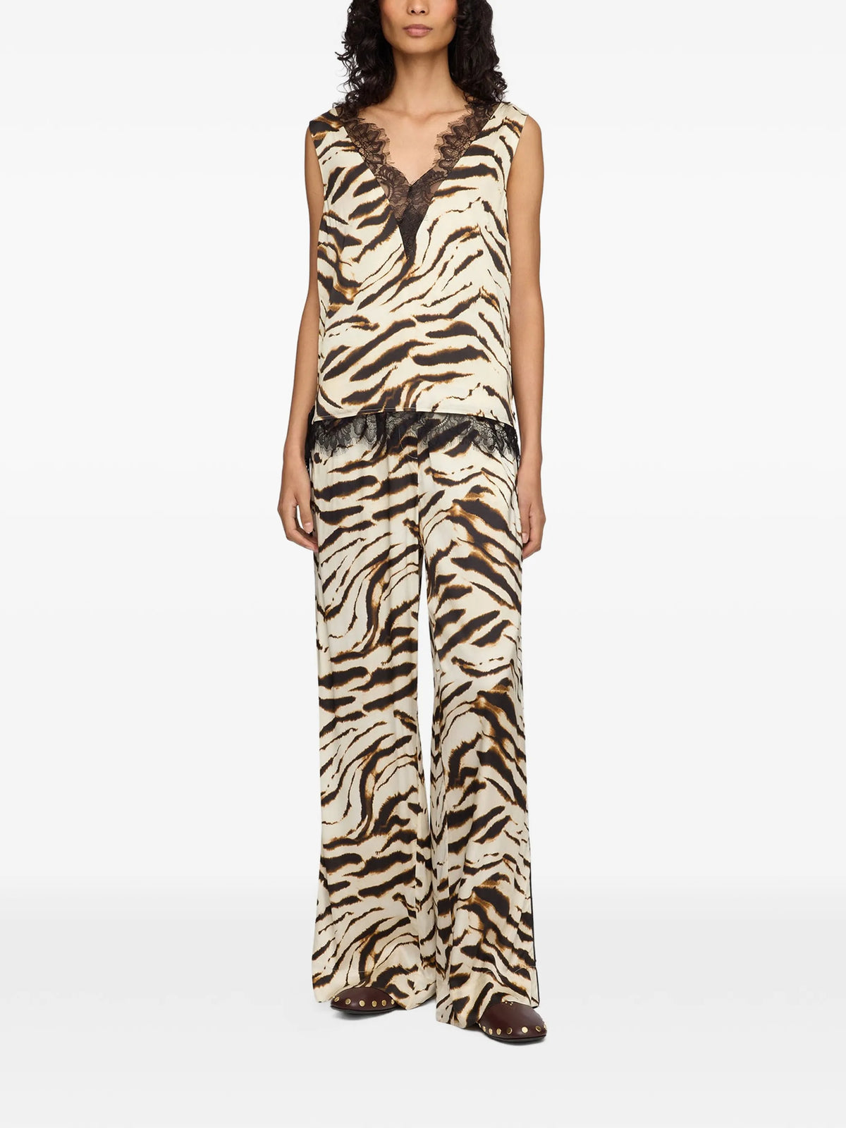 animal-print lace-trim top