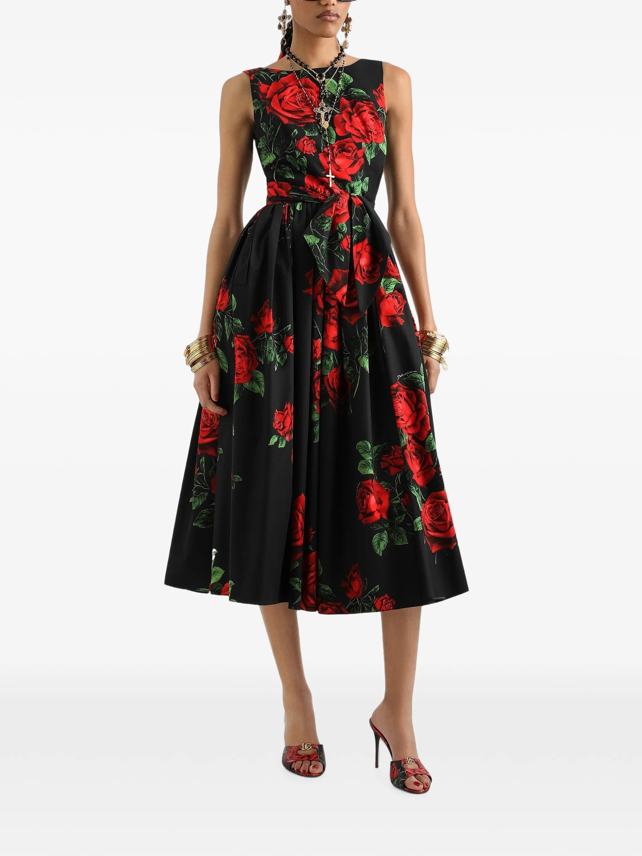 rose-print poplin midi dress