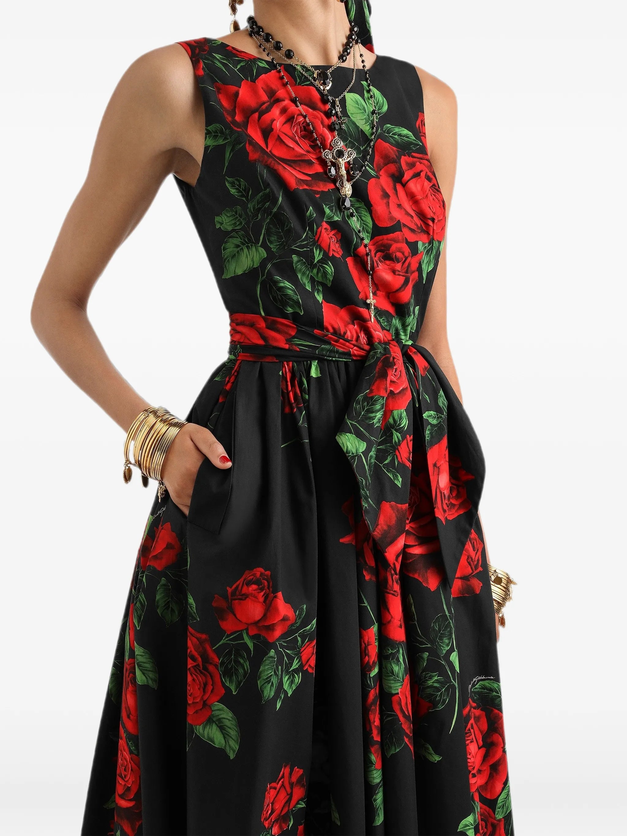 rose-print poplin midi dress
