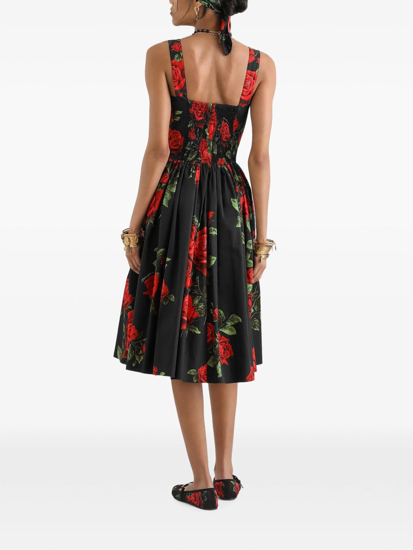 rose-print poplin midi dress
