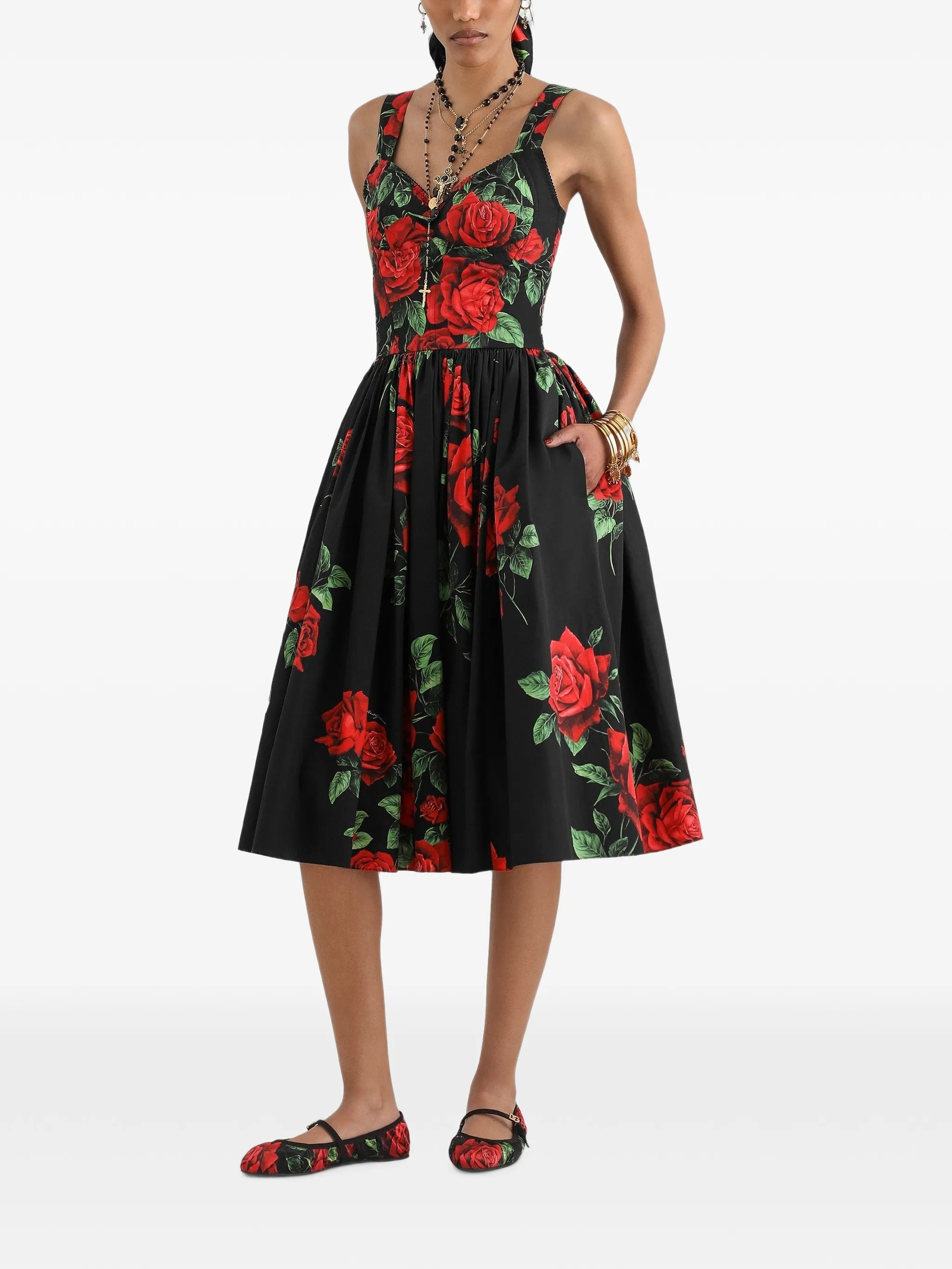 rose-print poplin midi dress