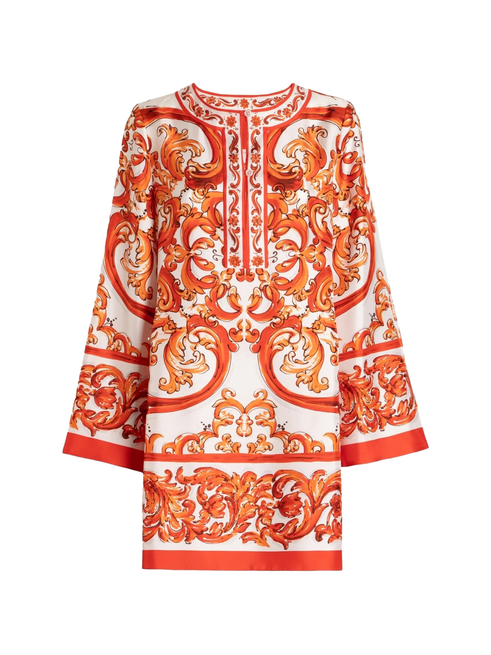 baroque-print silk-satin tunic midi dress