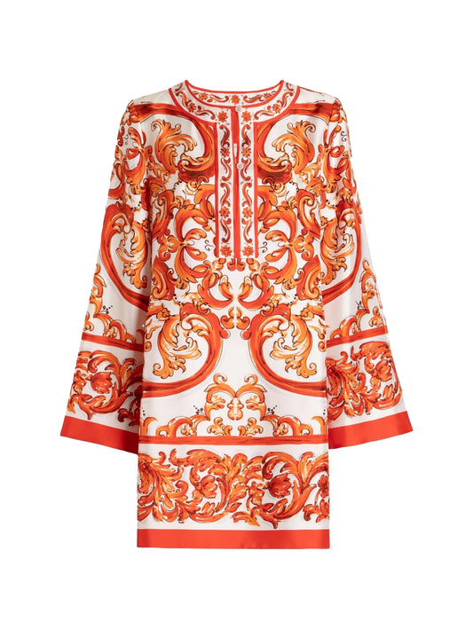 baroque-print silk-satin tunic midi dress