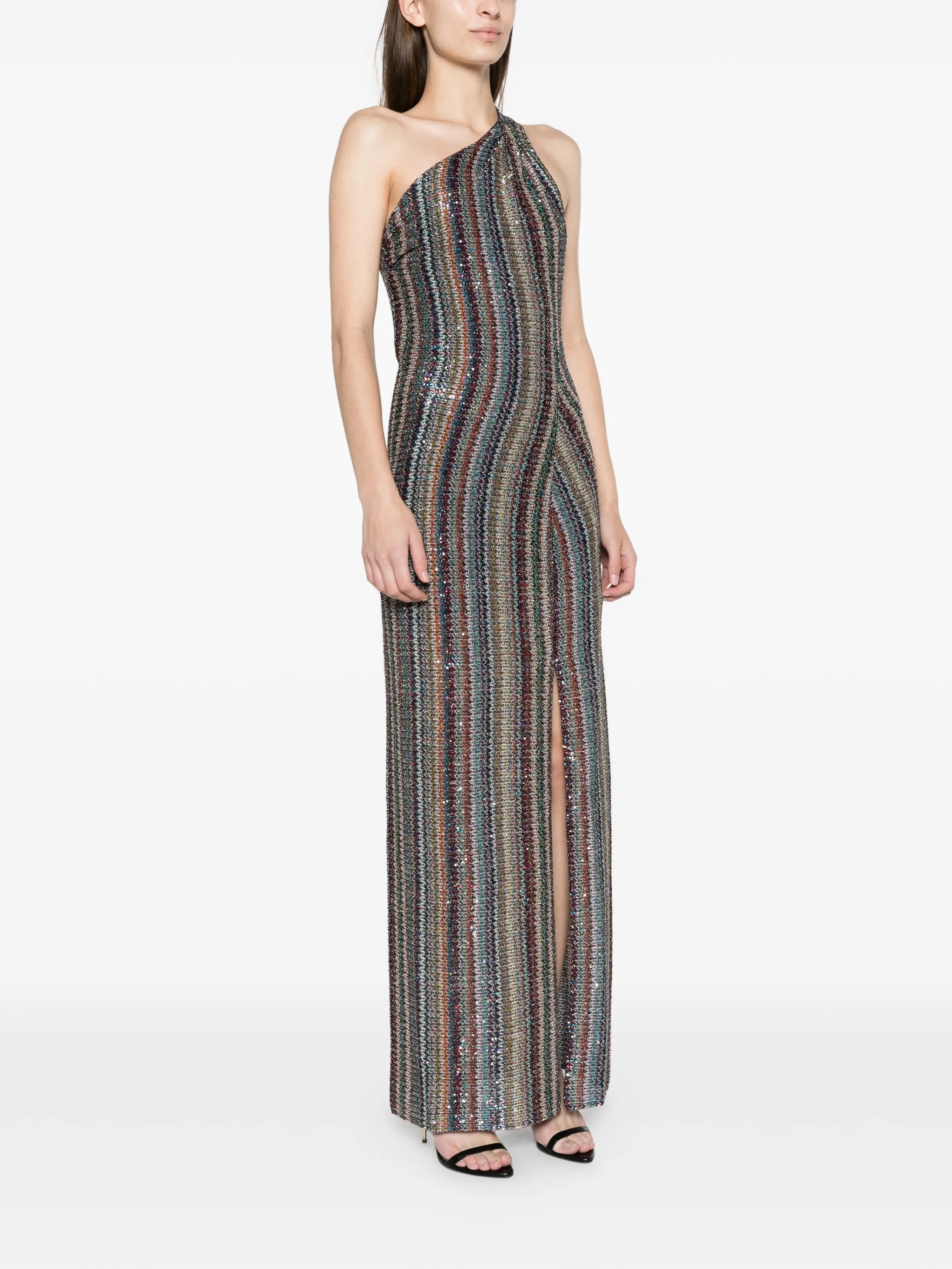 knit micro Chevron one-shoulder long dress