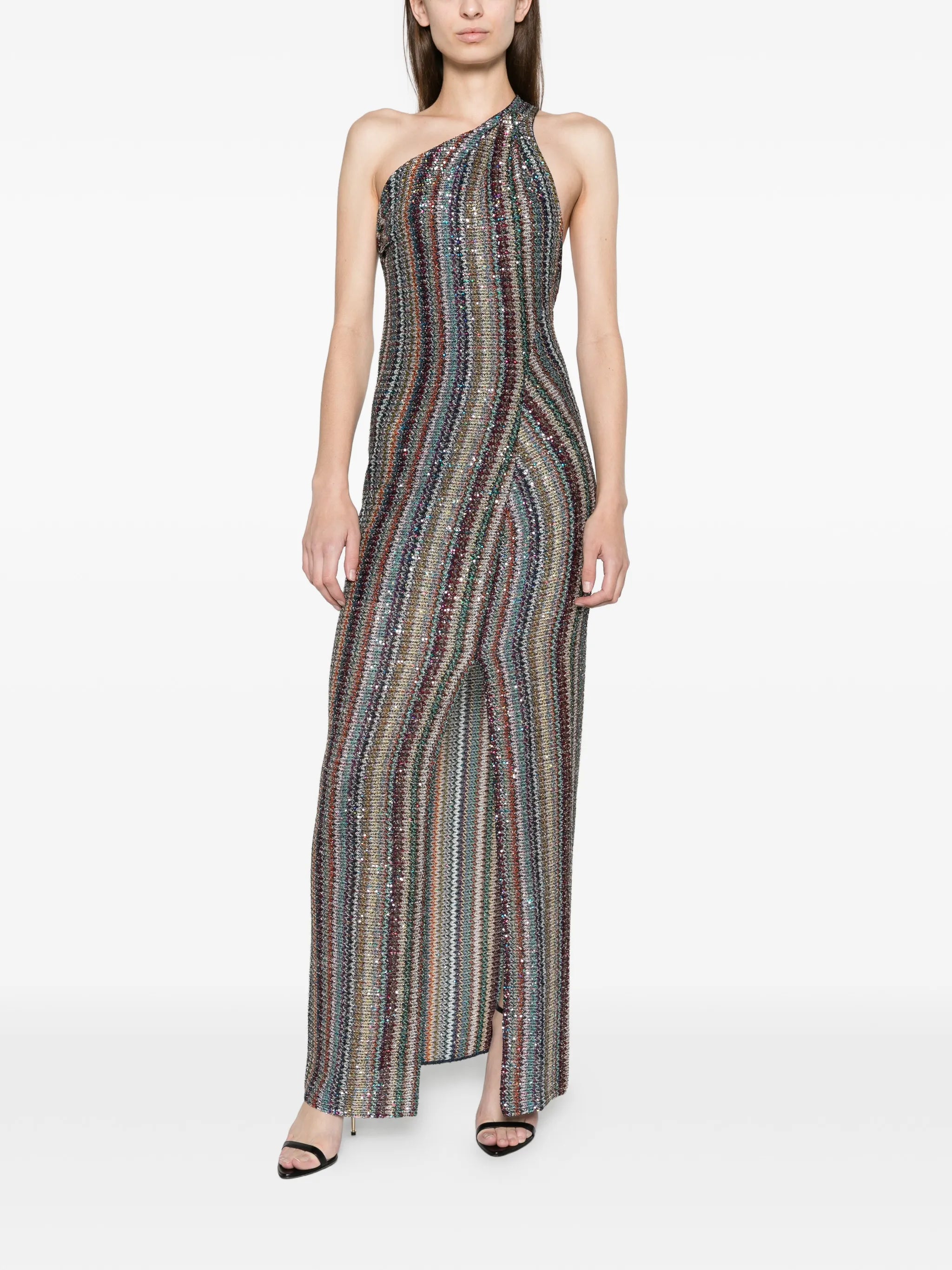 knit micro Chevron one-shoulder long dress