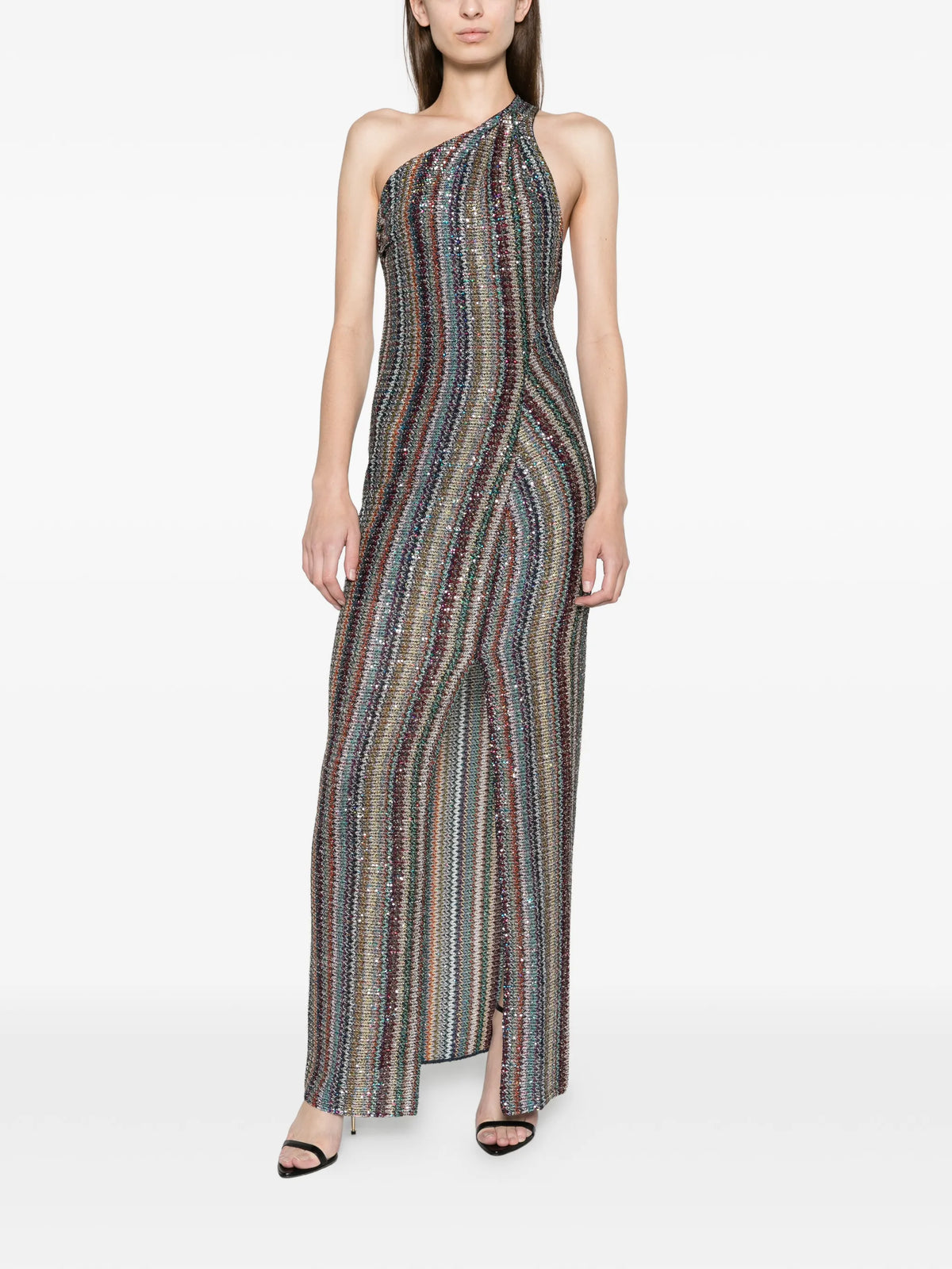 knit micro Chevron one-shoulder long dress