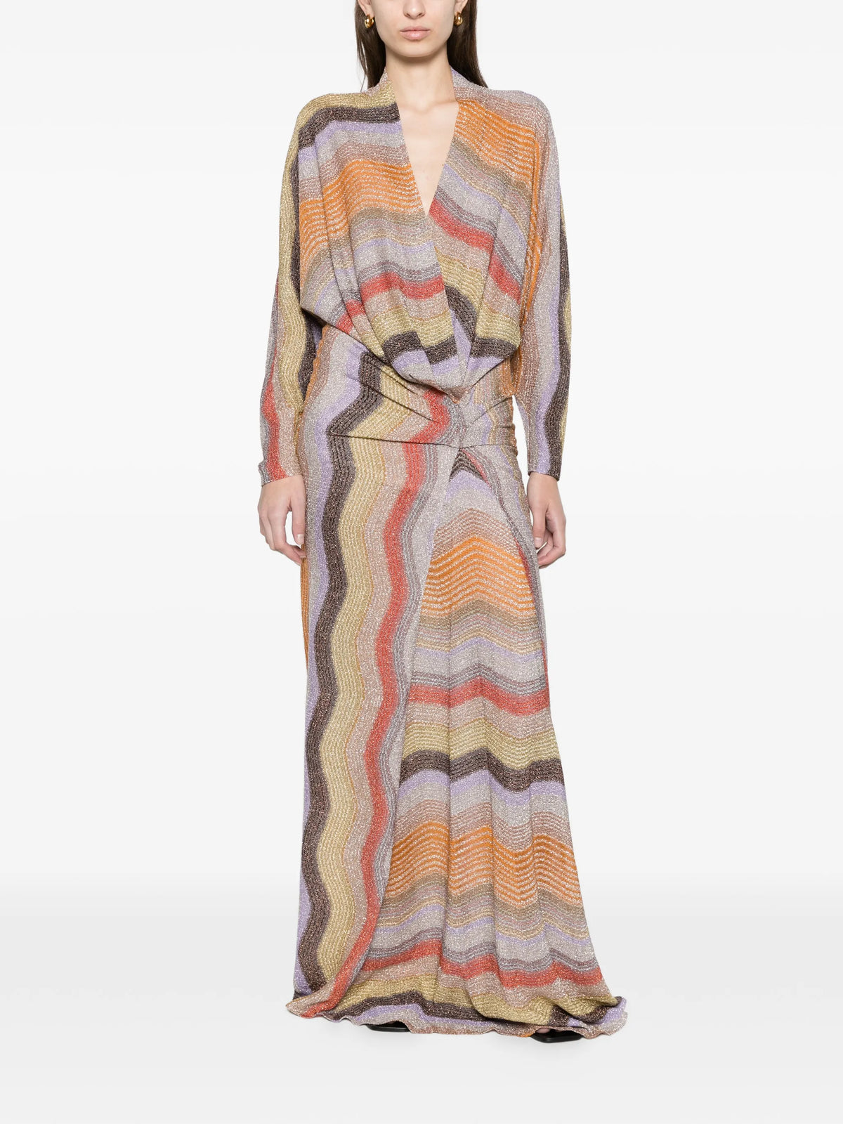 long dress with deep V-neckline
