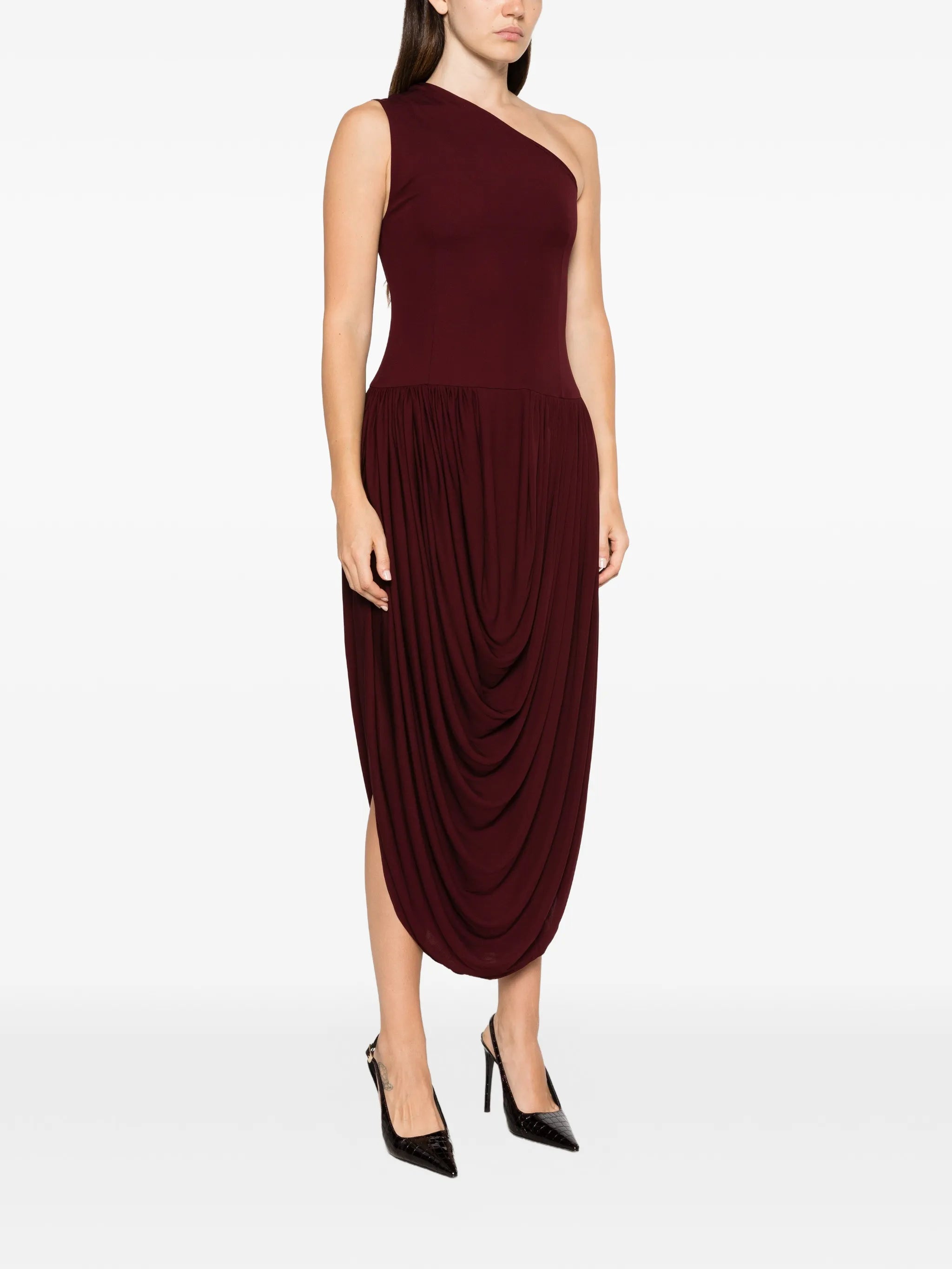 asymmetri-neck midi dress