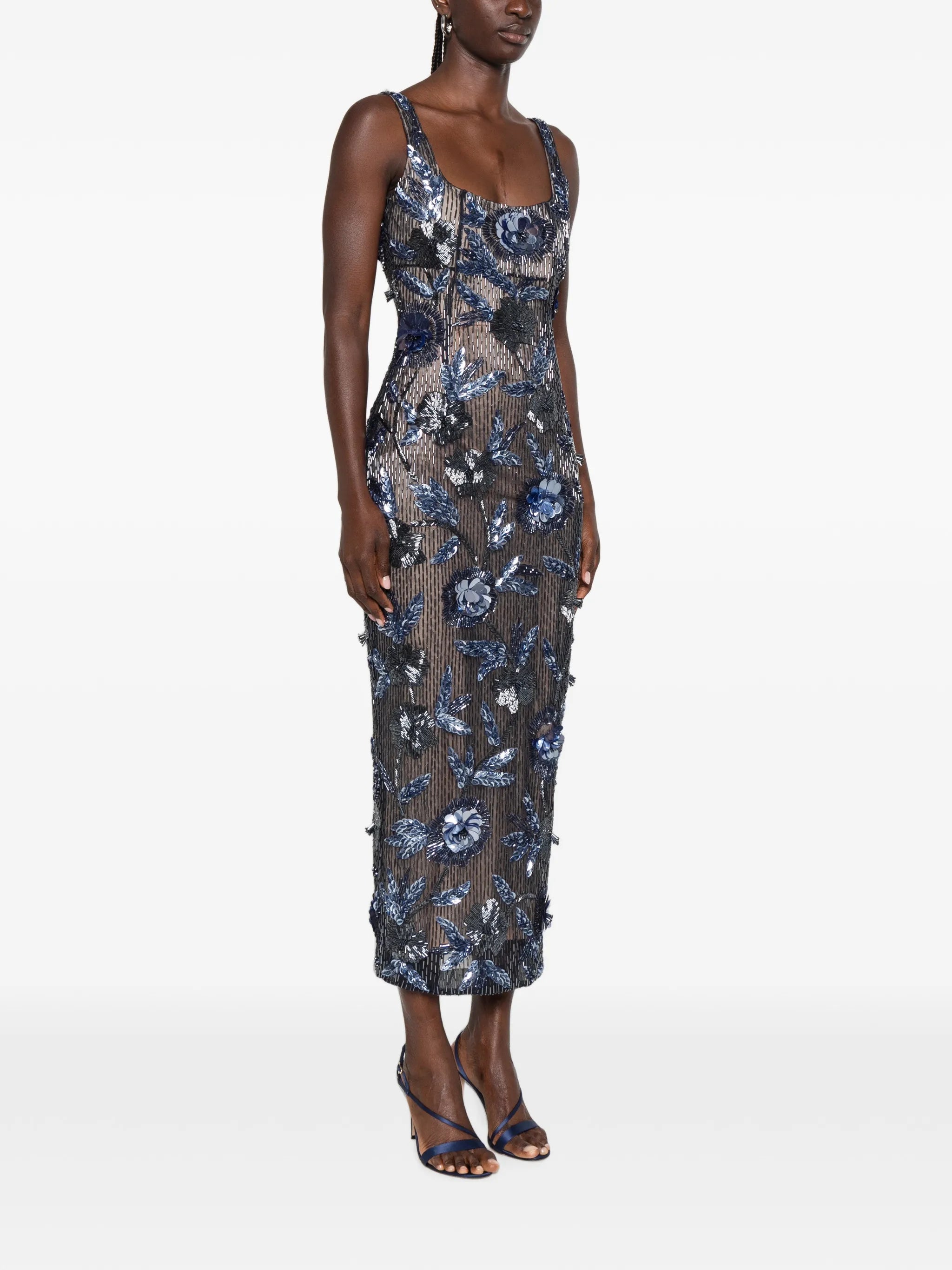 Pierre embellished floral-appliqué midi dress