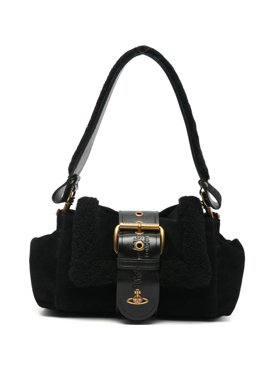 buckle-detail shearling-trim shoulder bag