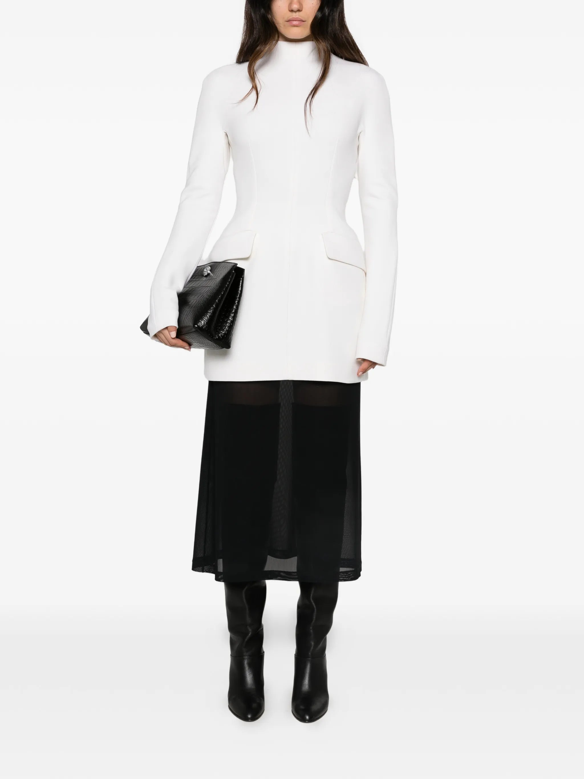 high-neck flap-pocket dress