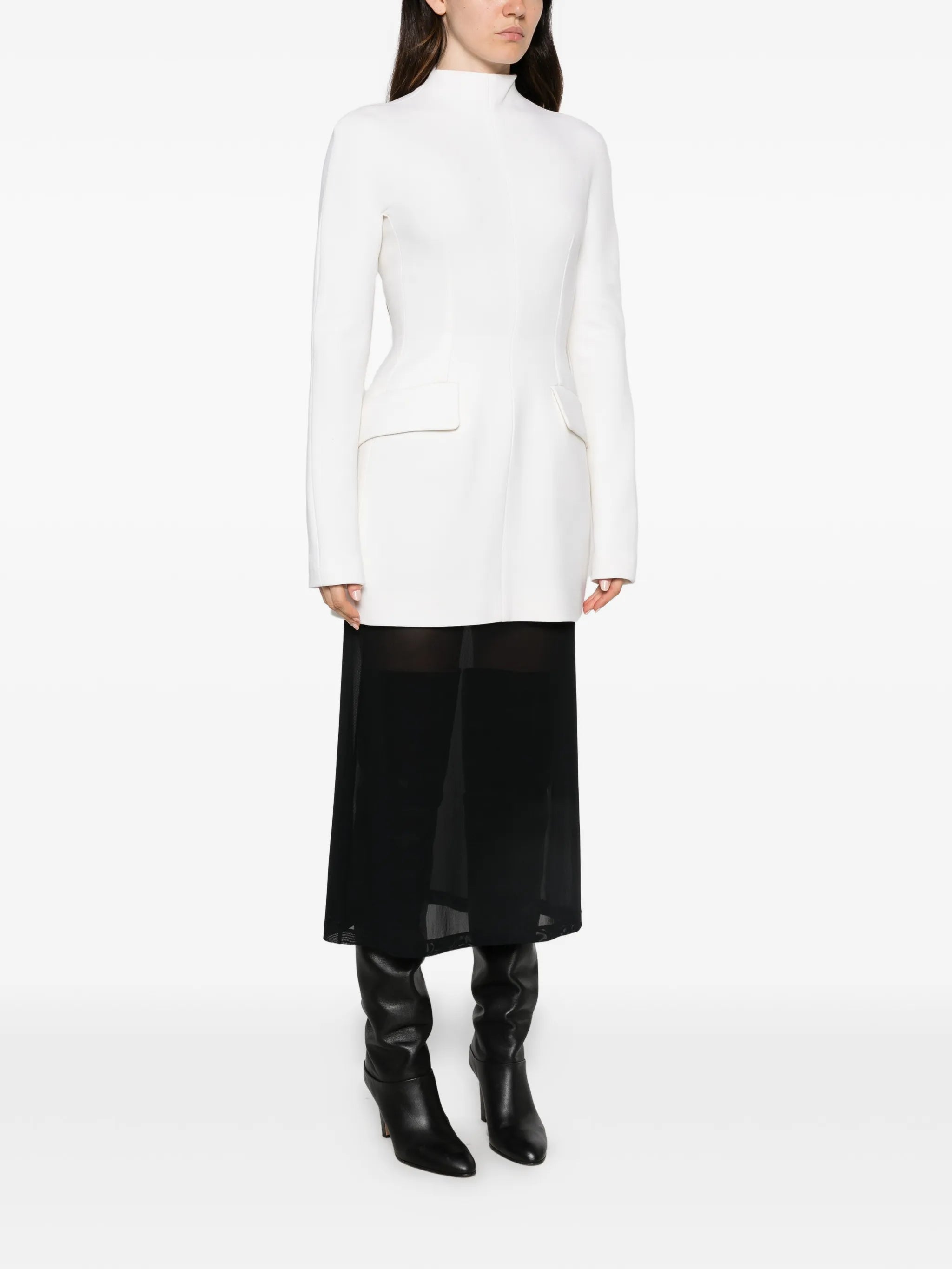 high-neck flap-pocket dress