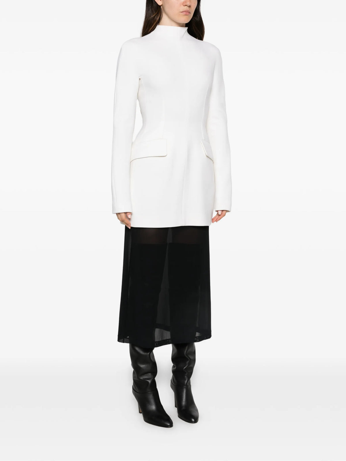 high-neck flap-pocket dress