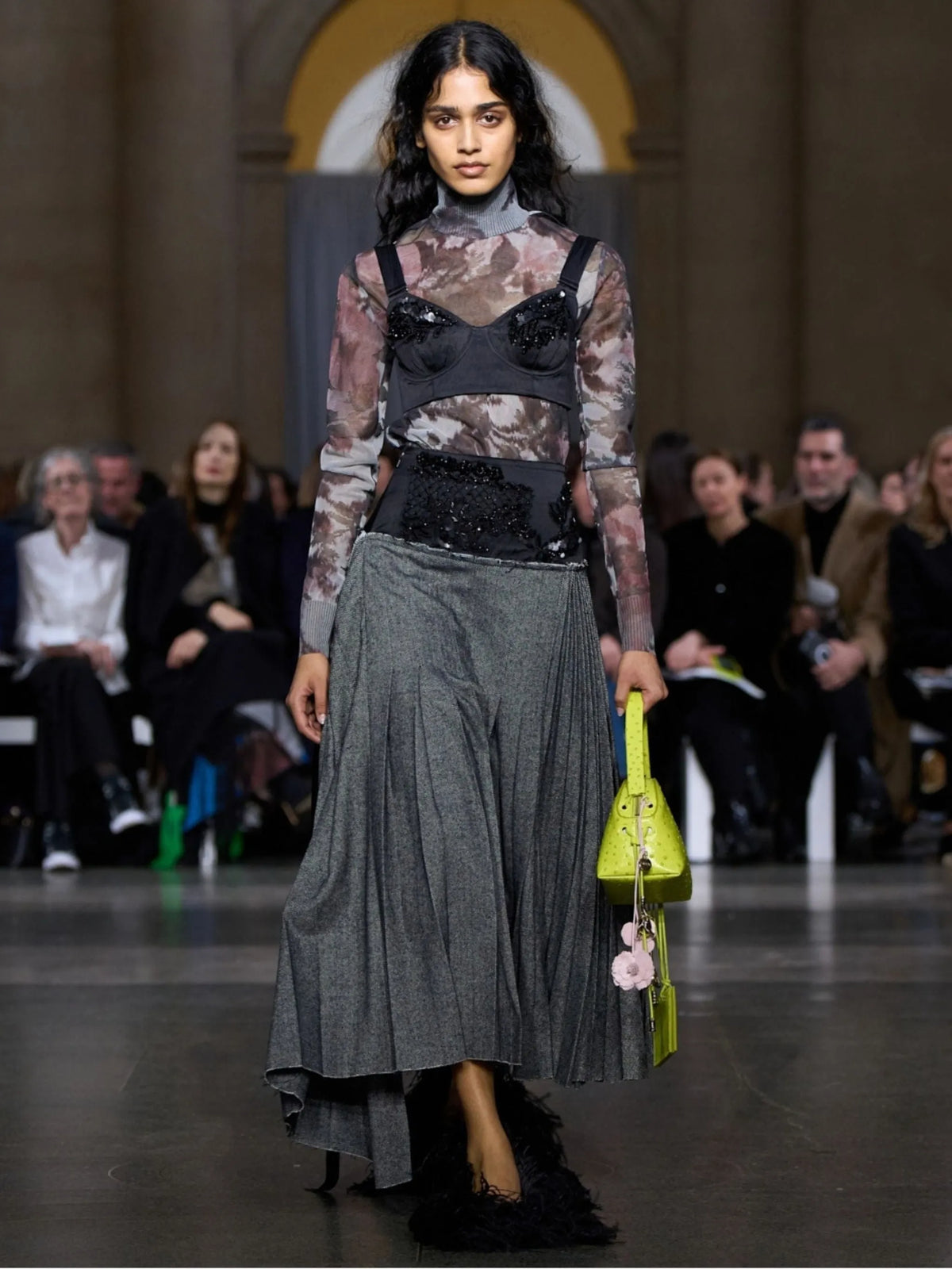 embroidered herringbone pleated skirt