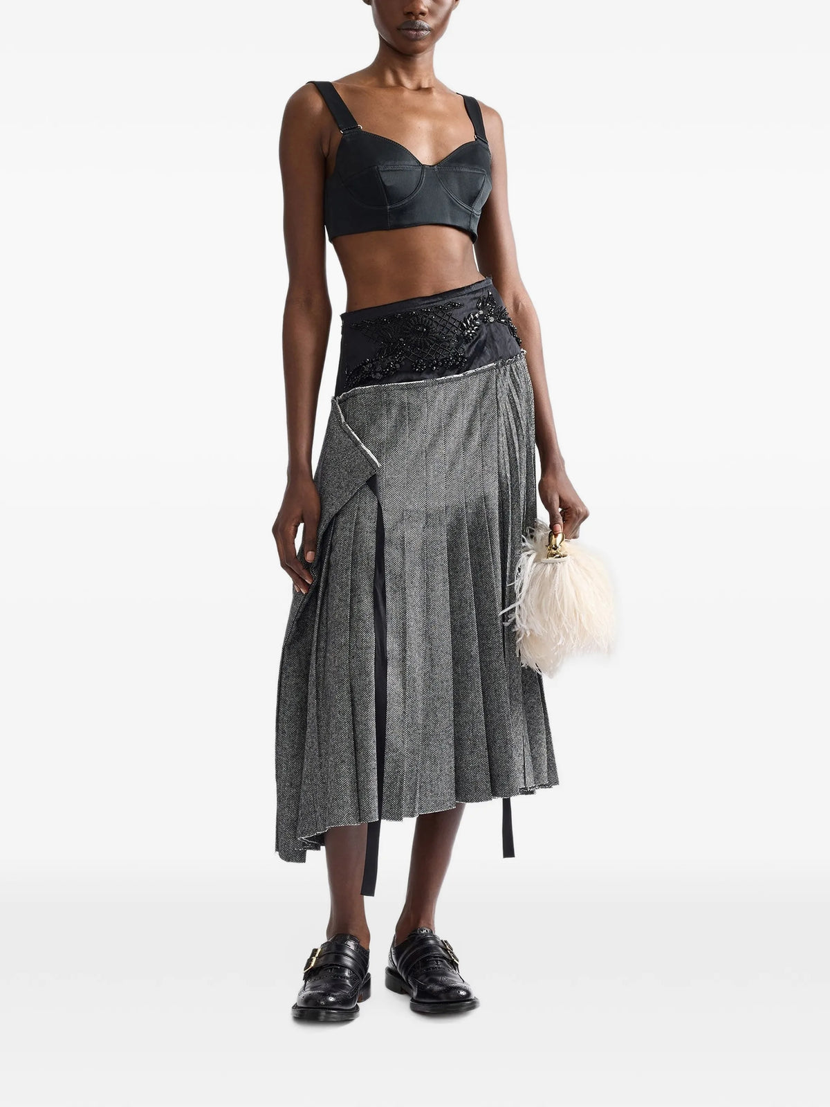 embroidered herringbone pleated A-line midi skirt