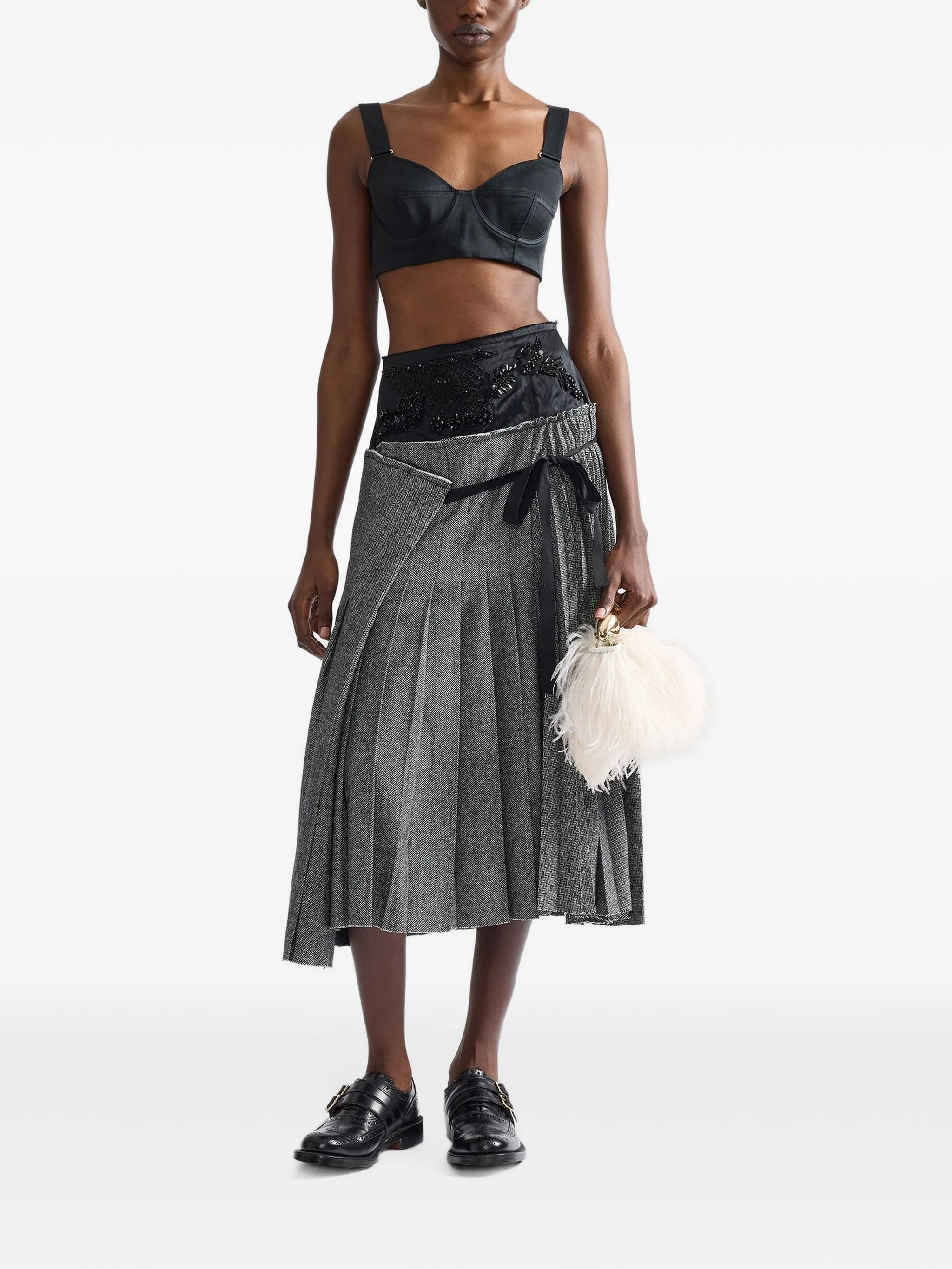 embroidered herringbone pleated A-line midi skirt