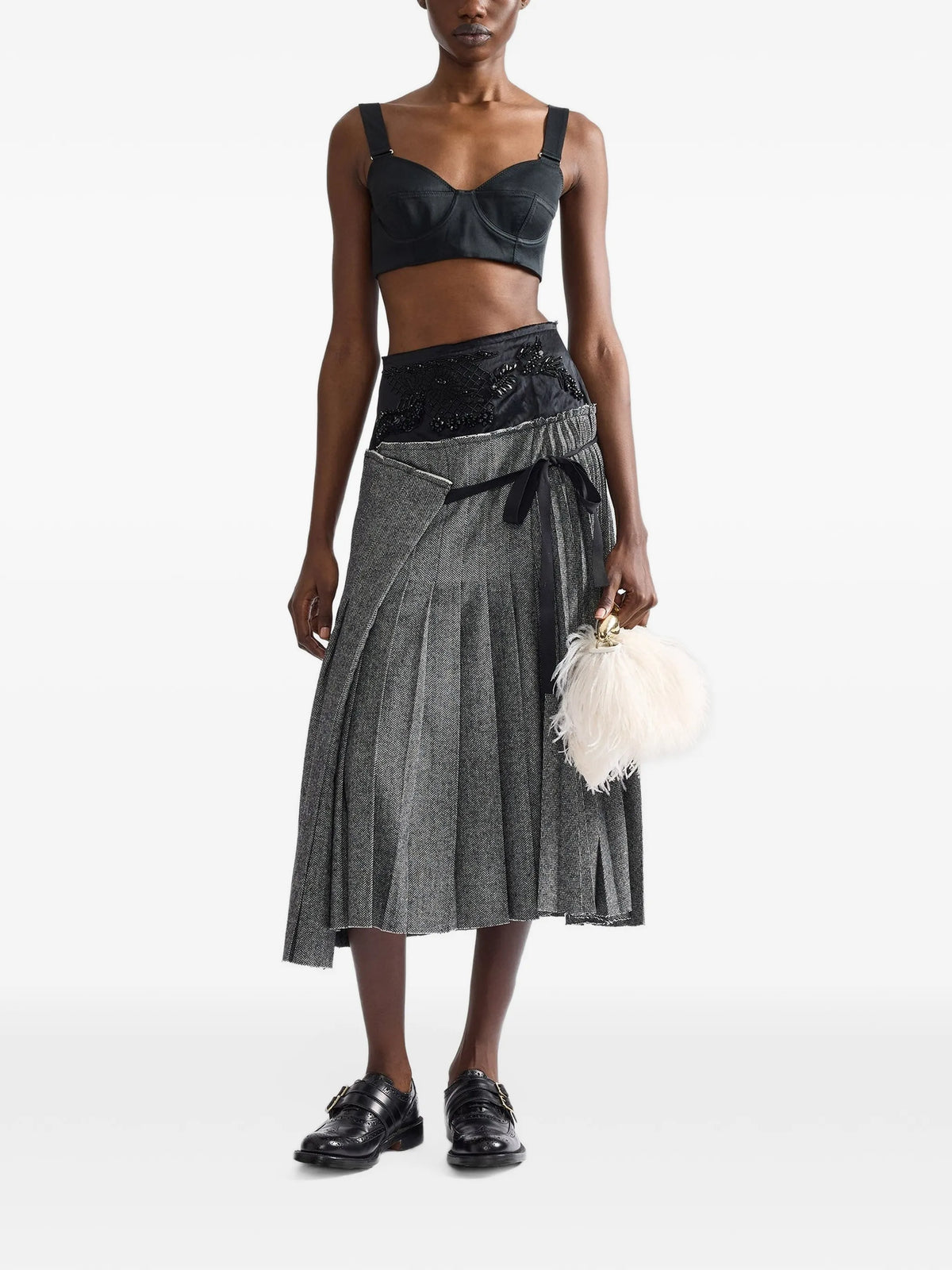 embroidered herringbone pleated A-line midi skirt