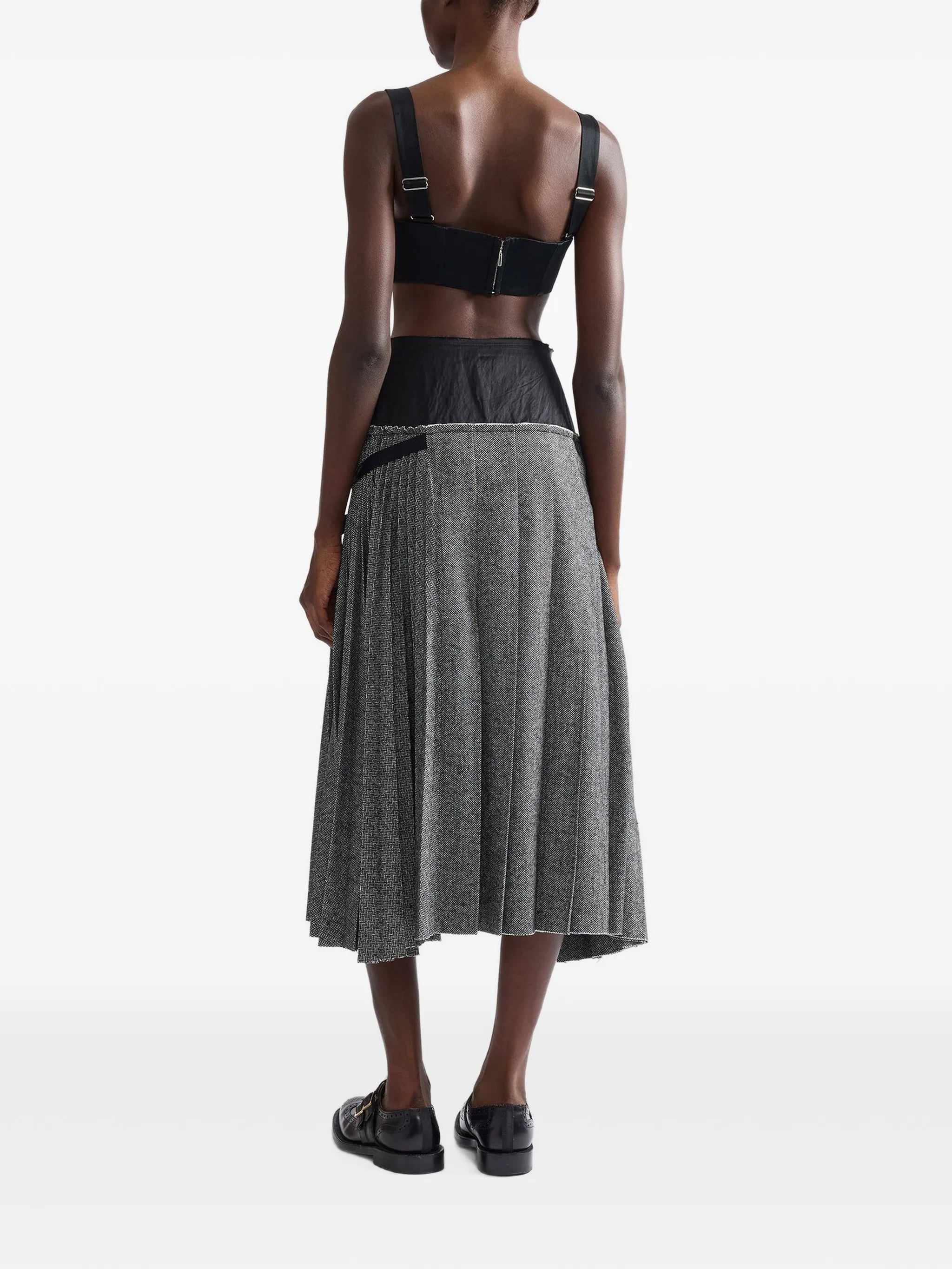 embroidered herringbone pleated A-line midi skirt