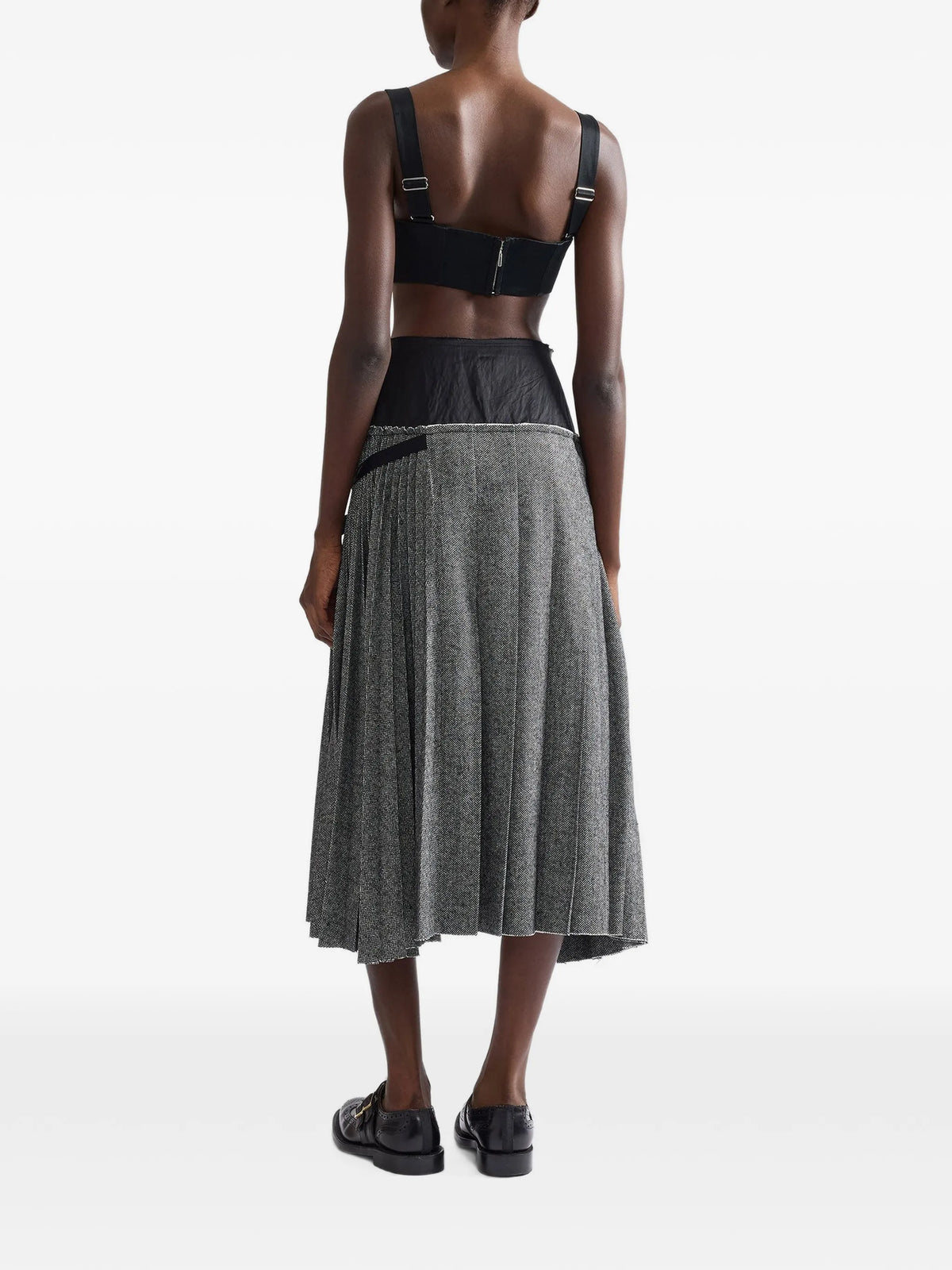 embroidered herringbone pleated A-line midi skirt