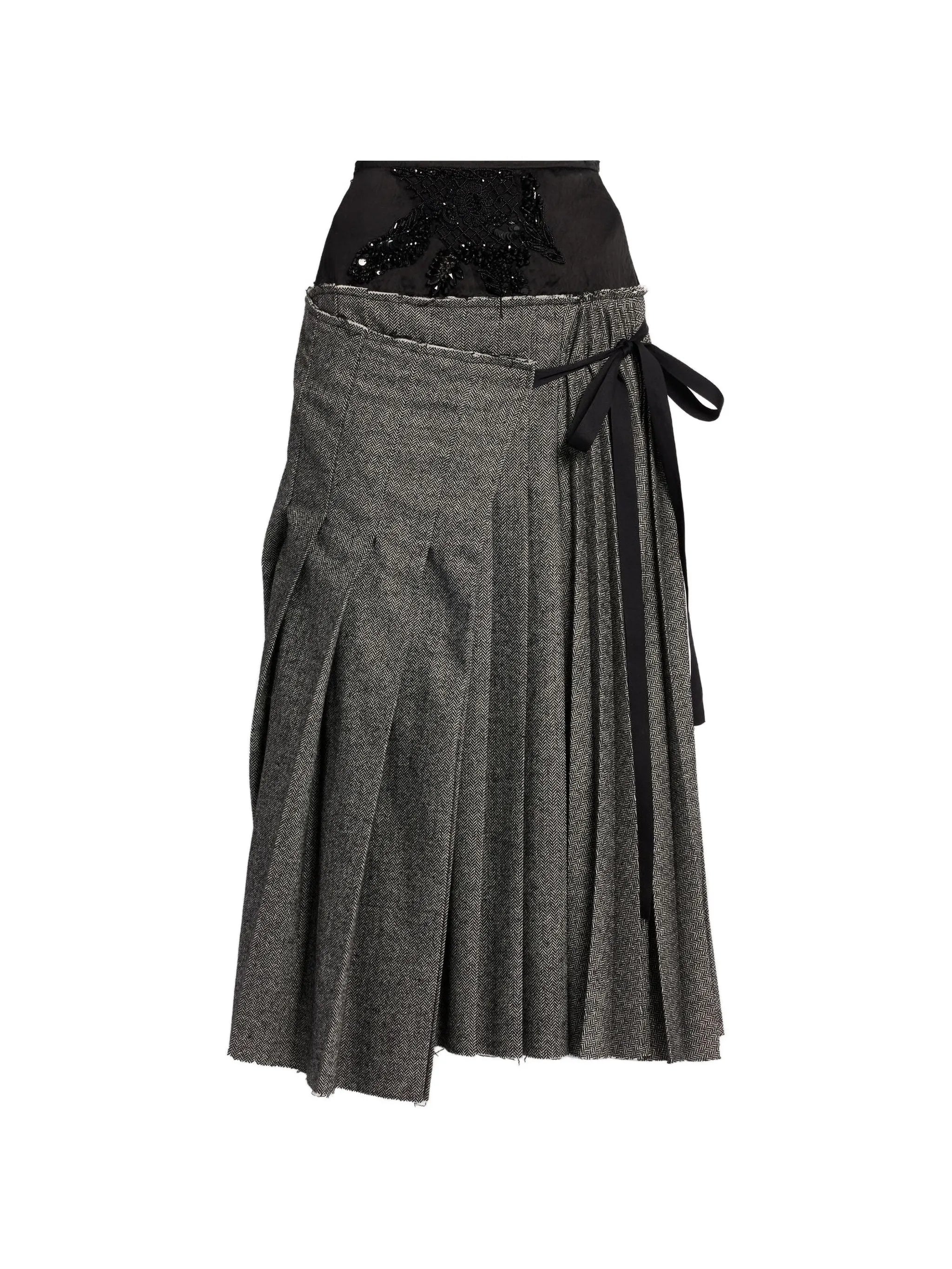 embroidered herringbone pleated A-line midi skirt