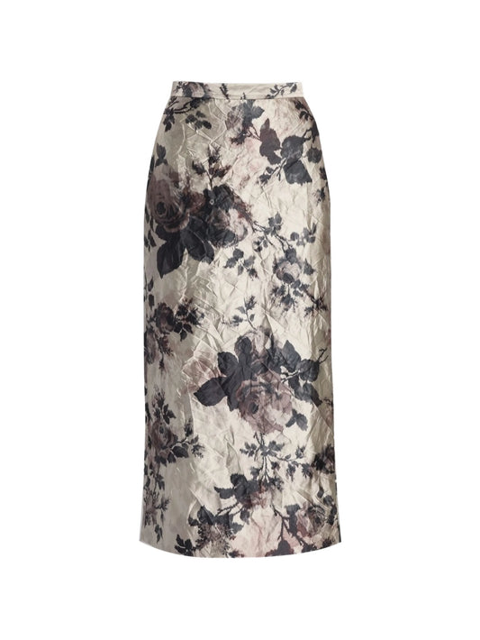 floral-print crinkled midi skirt