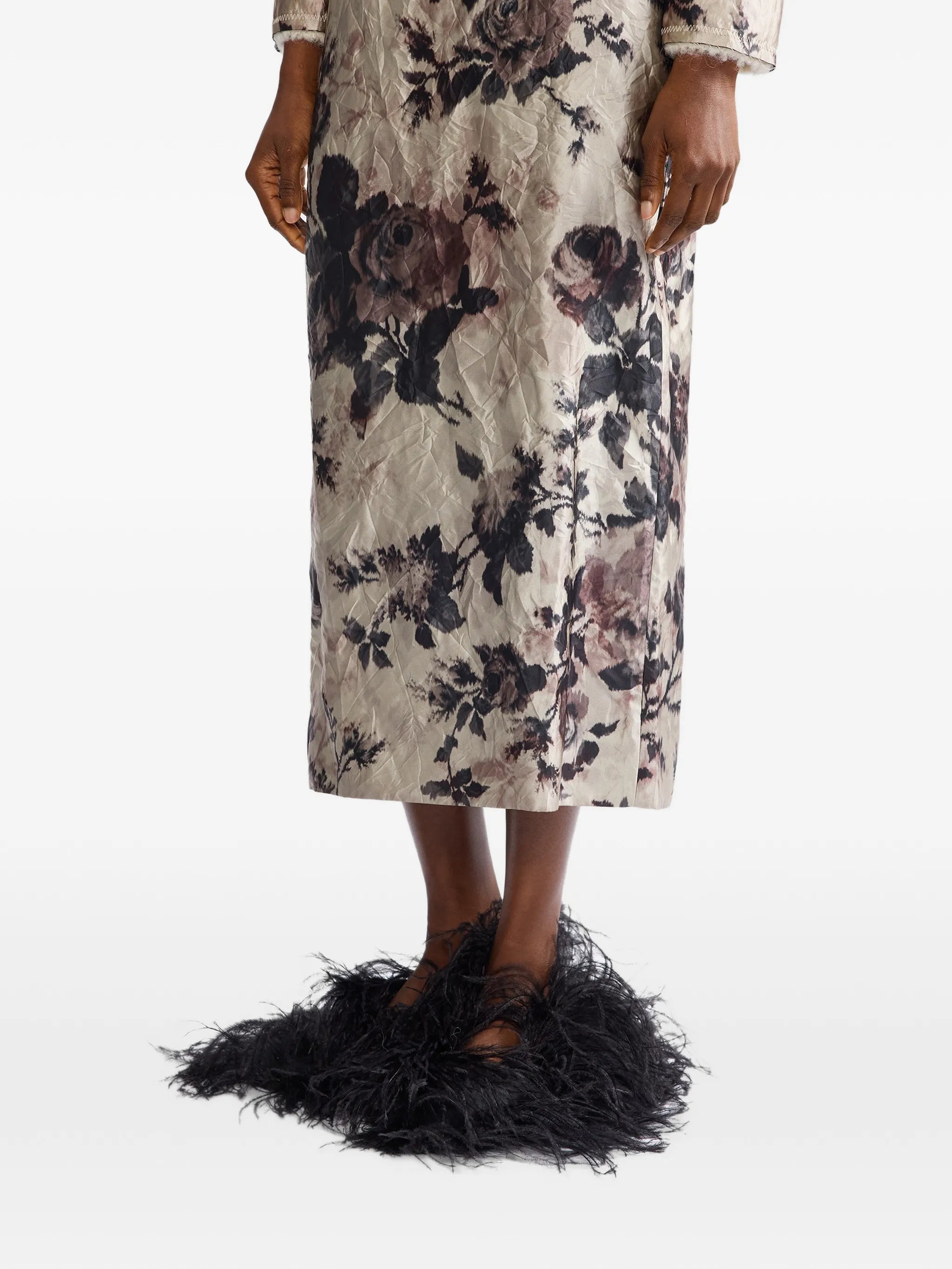 floral-print crinkled midi skirt