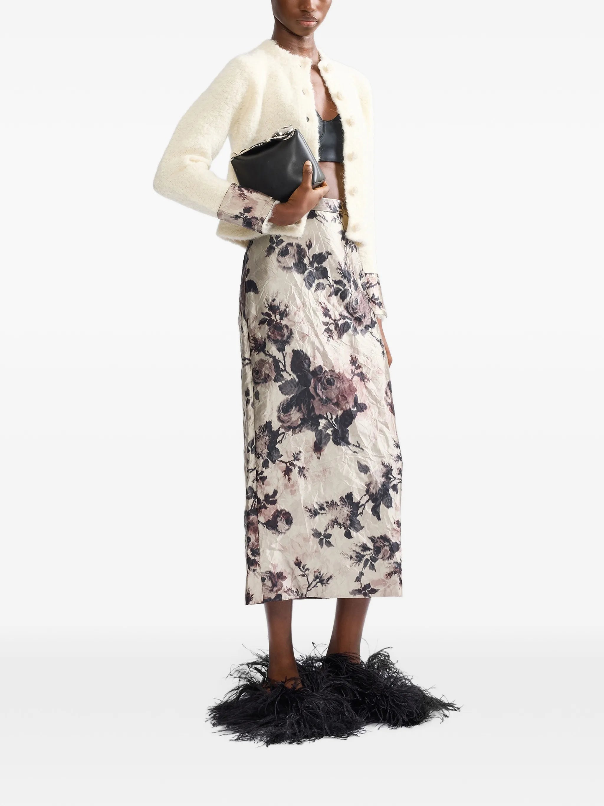 floral-print crinkled midi skirt