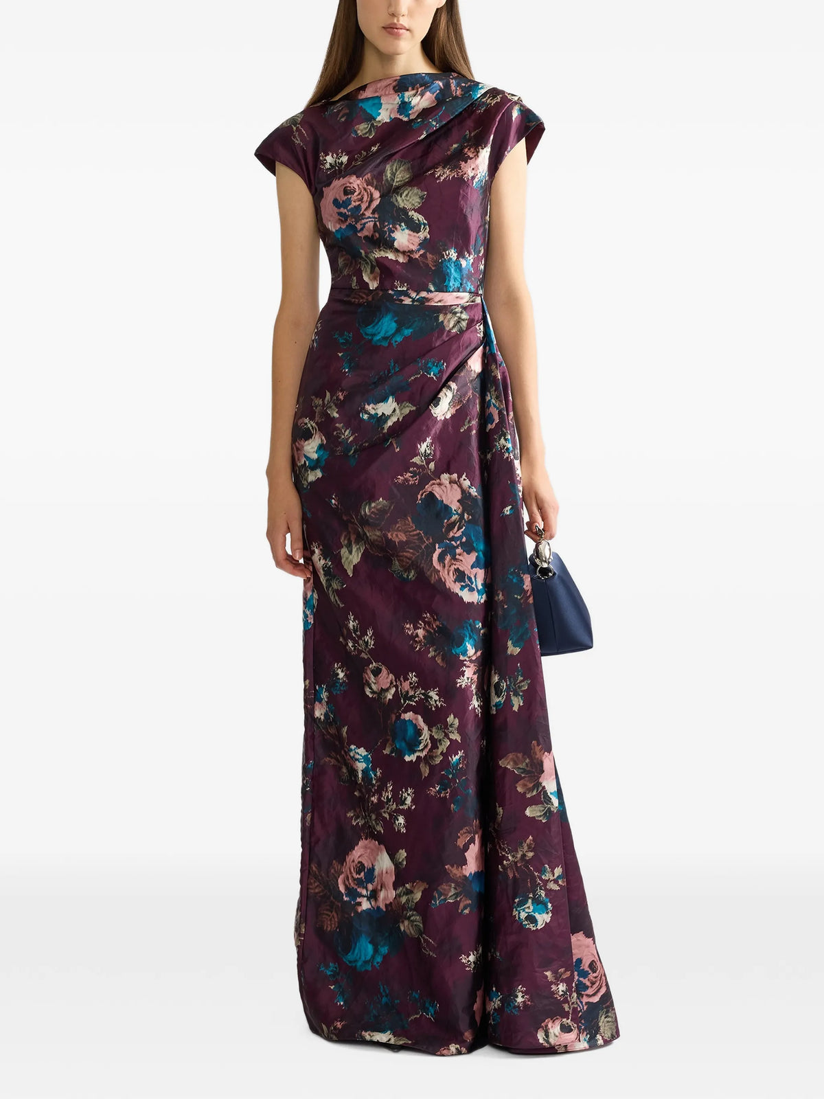 floral textured satin short sleeved draped gown