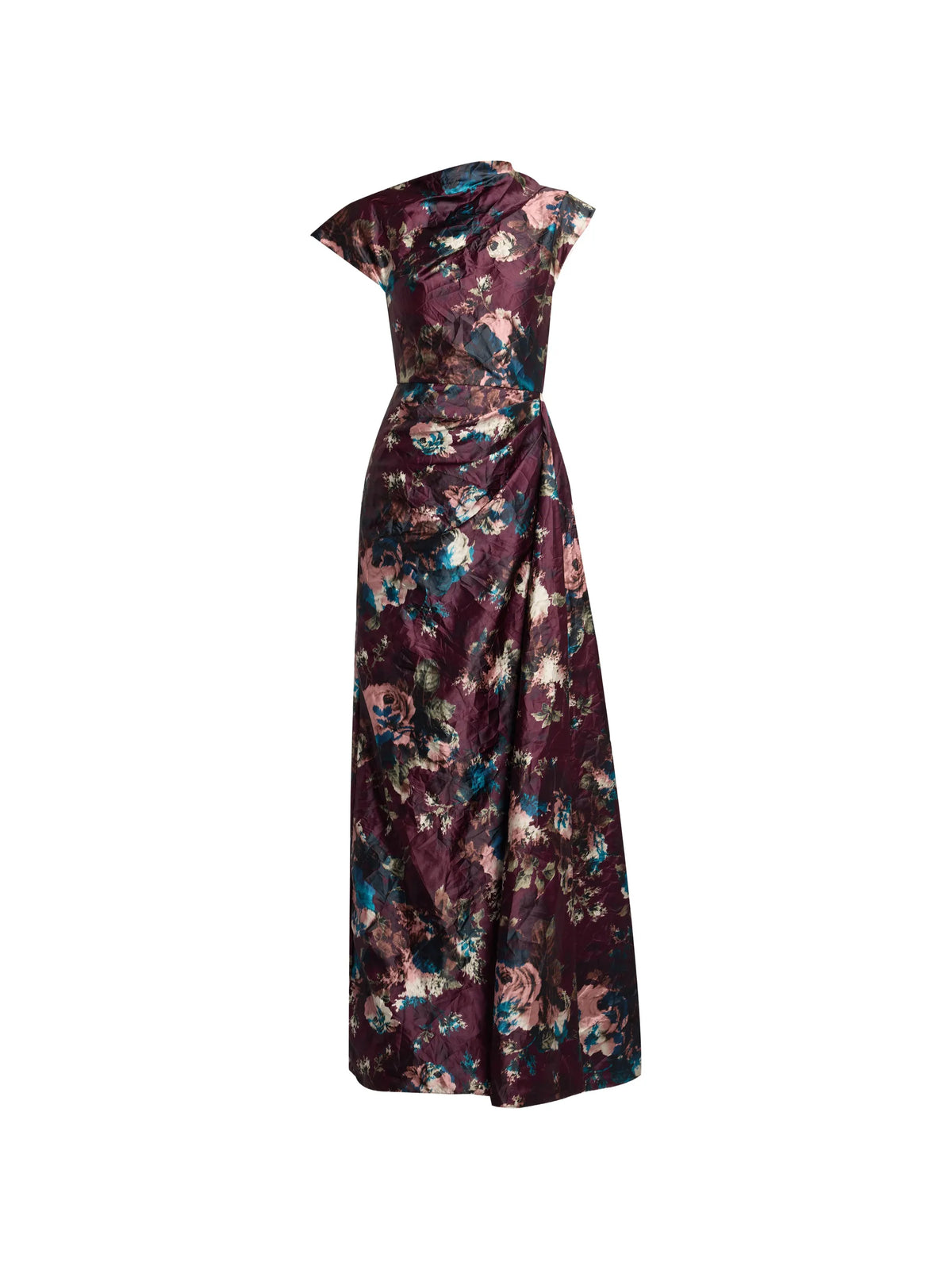 floral textured satin short sleeved draped gown