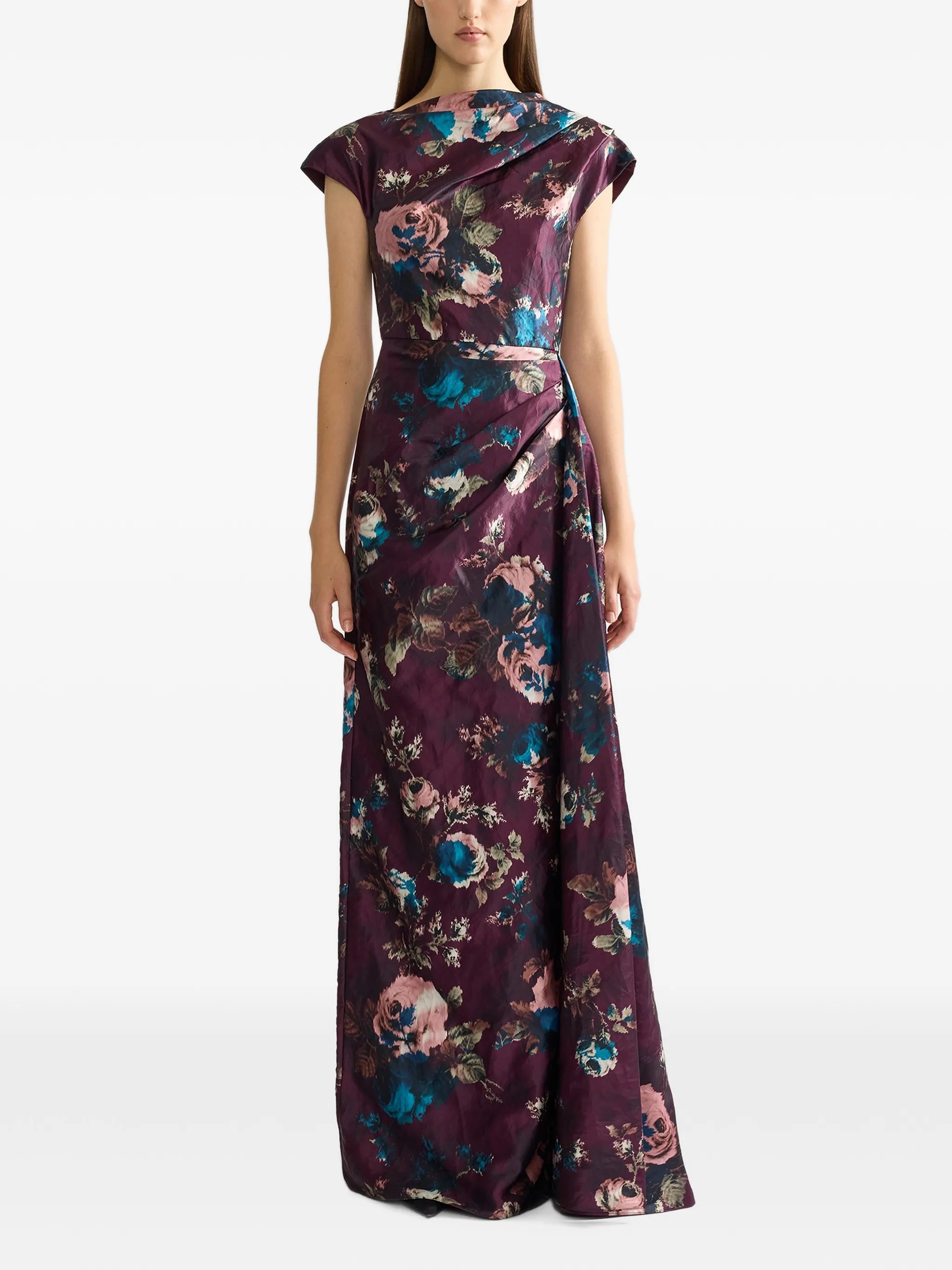 floral textured satin short sleeved draped gown