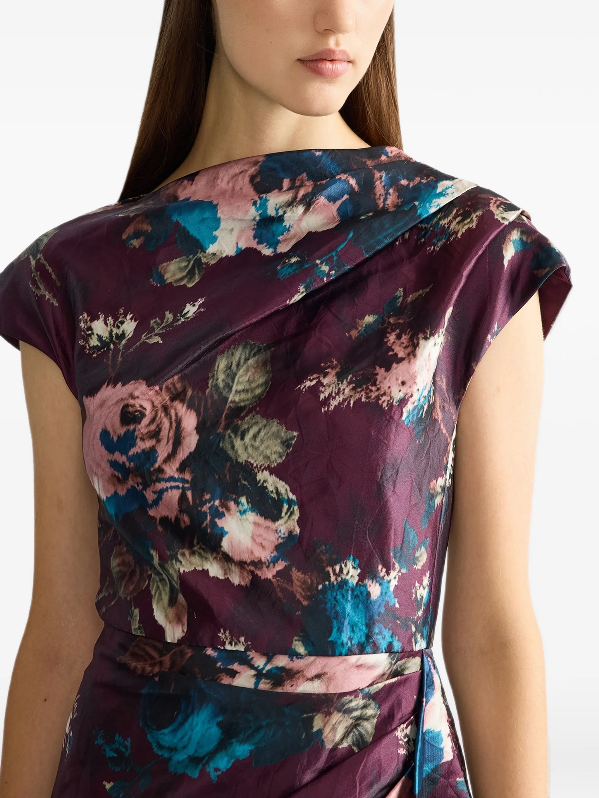 floral textured satin short sleeved draped gown