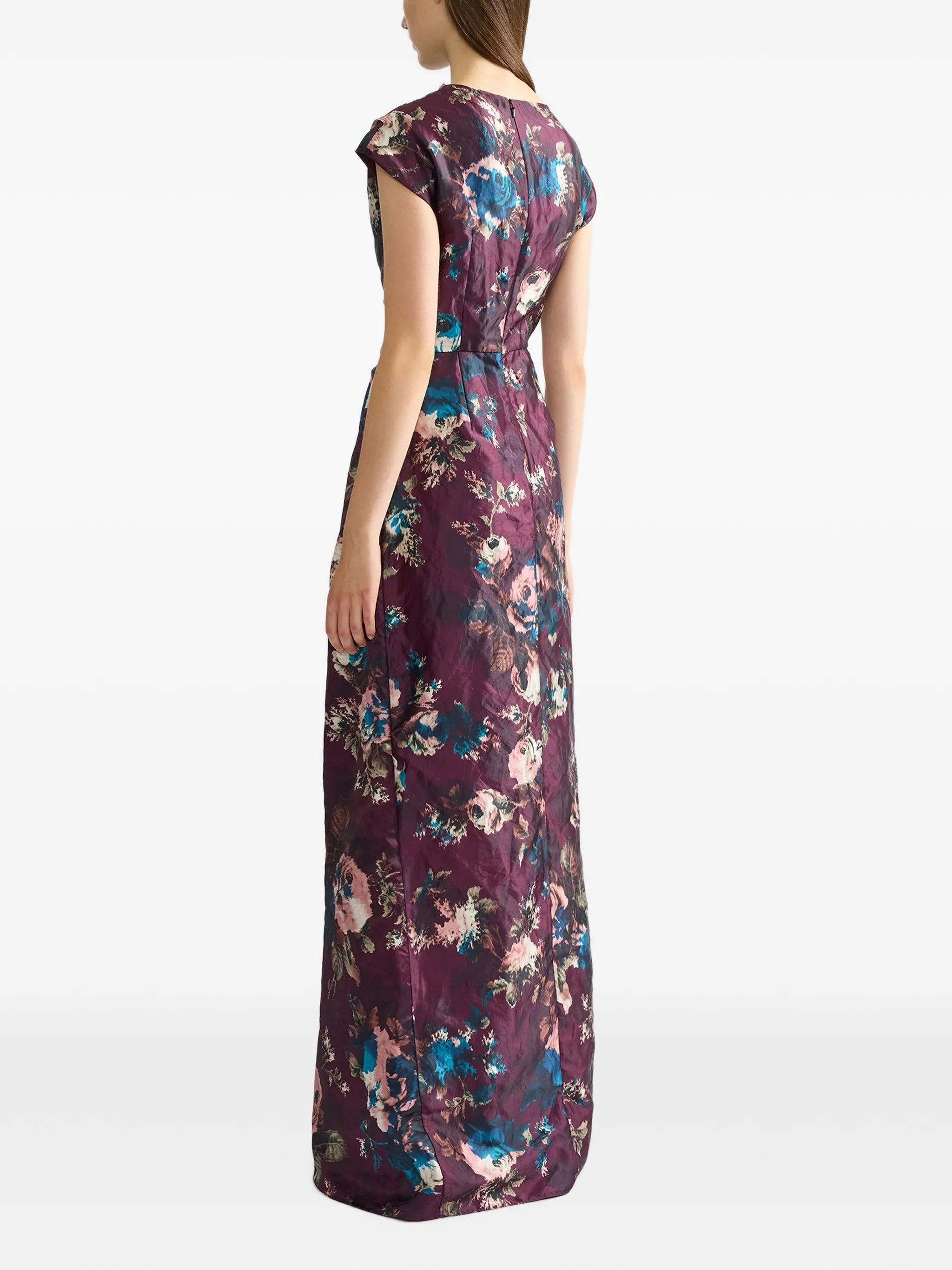 floral textured satin short sleeved draped gown