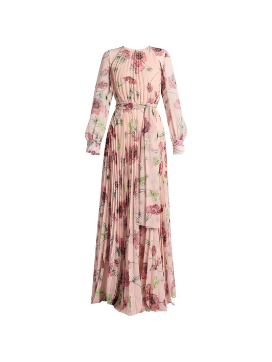 floral-print long-sleeve gown