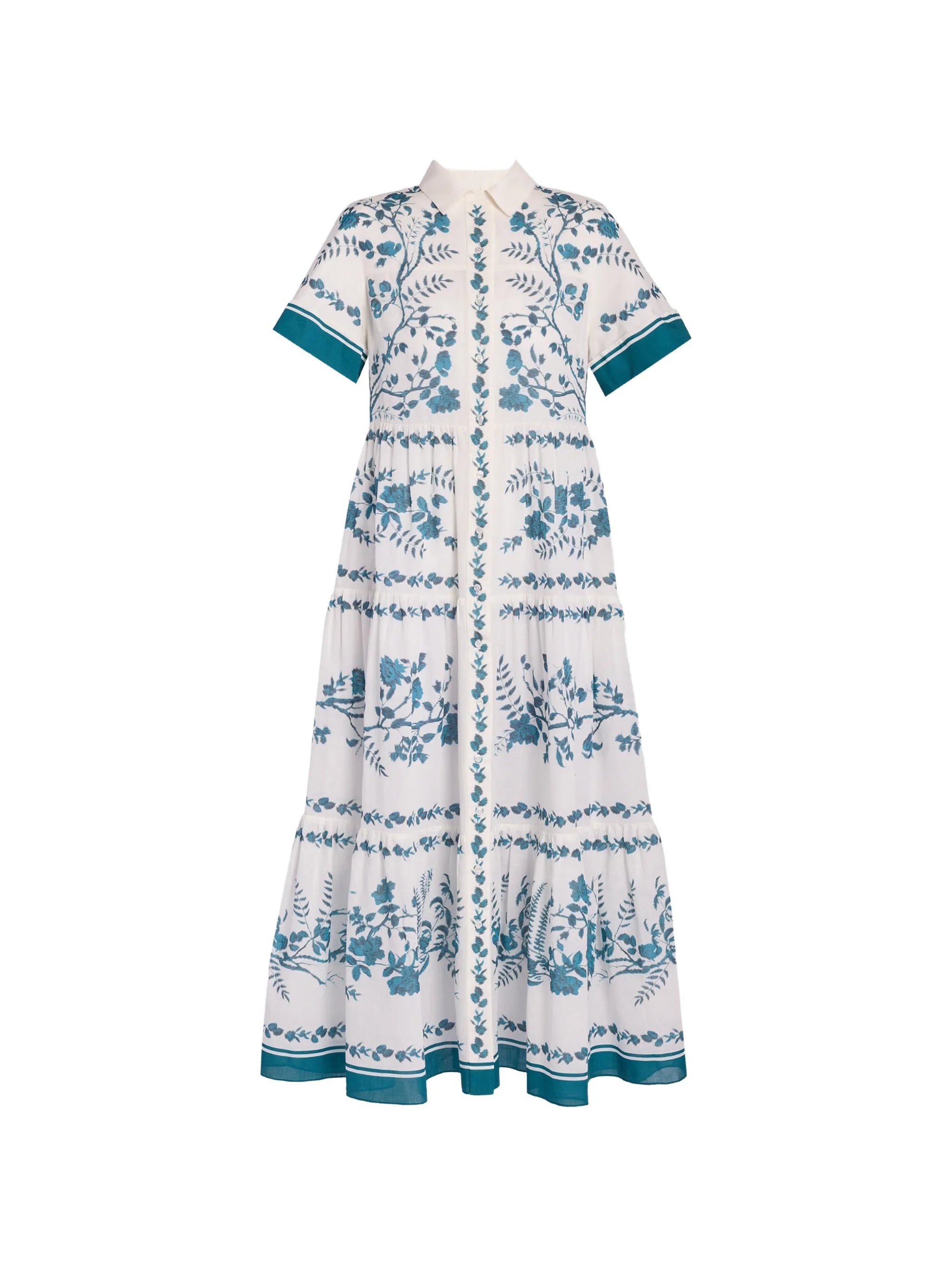 botanical-print tiered maxi shirt-dress
