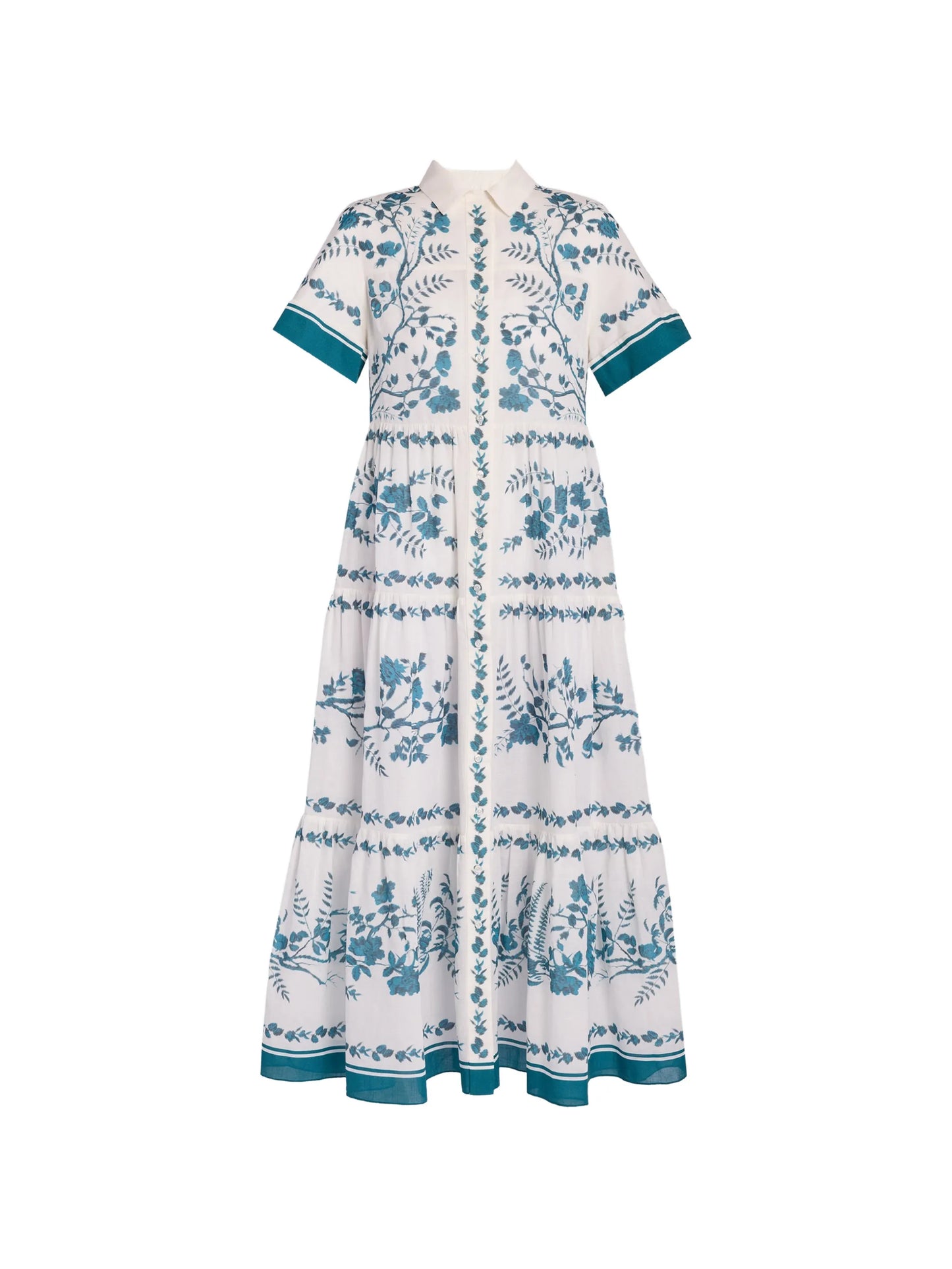 botanical-print tiered maxi shirt-dress