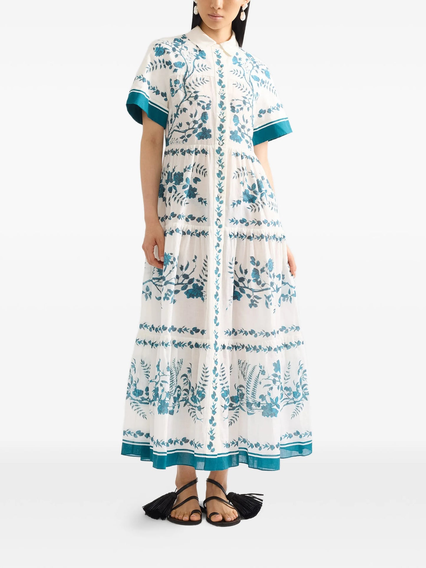 botanical-print tiered maxi shirt-dress