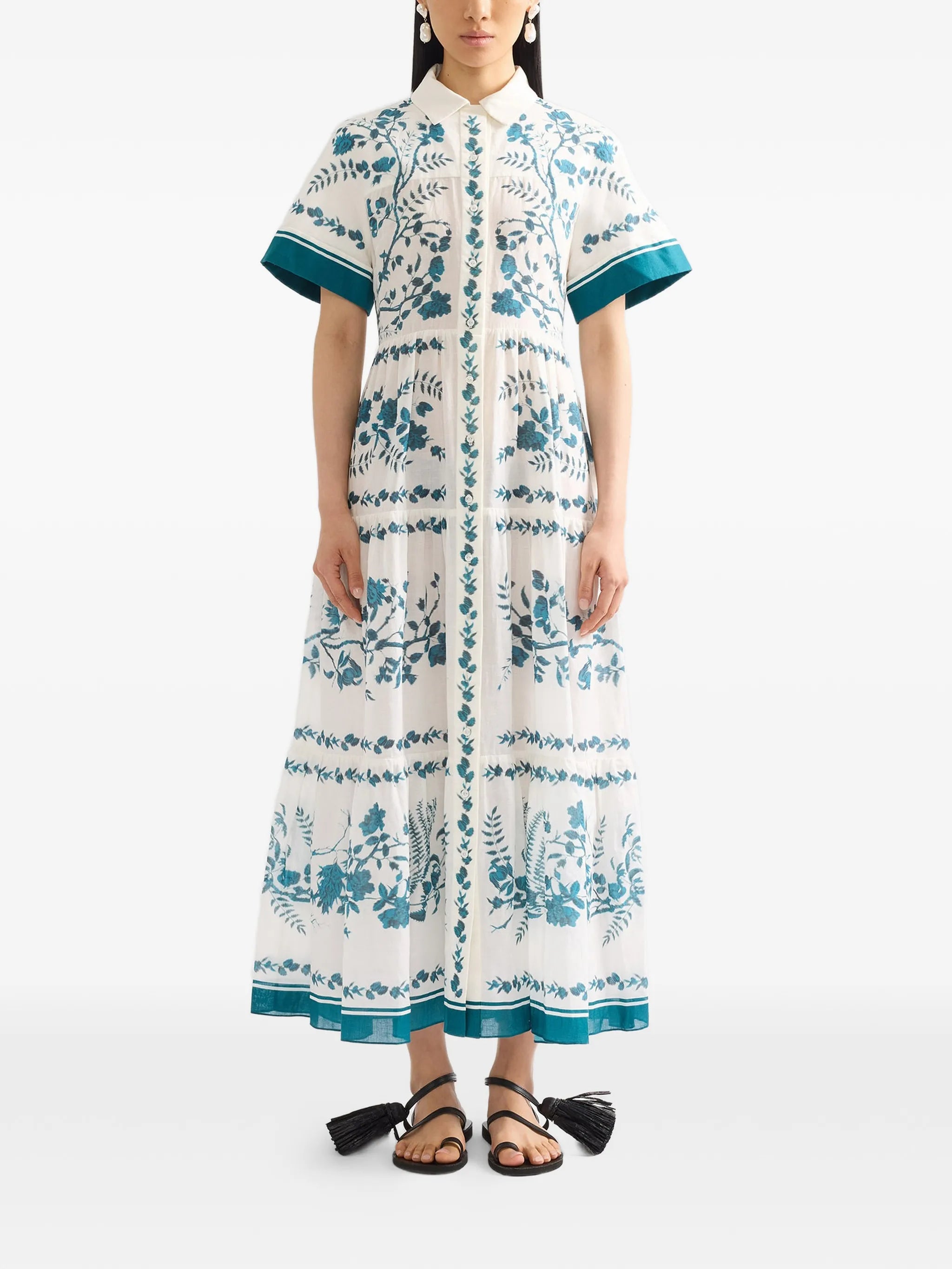 botanical-print tiered maxi shirt-dress