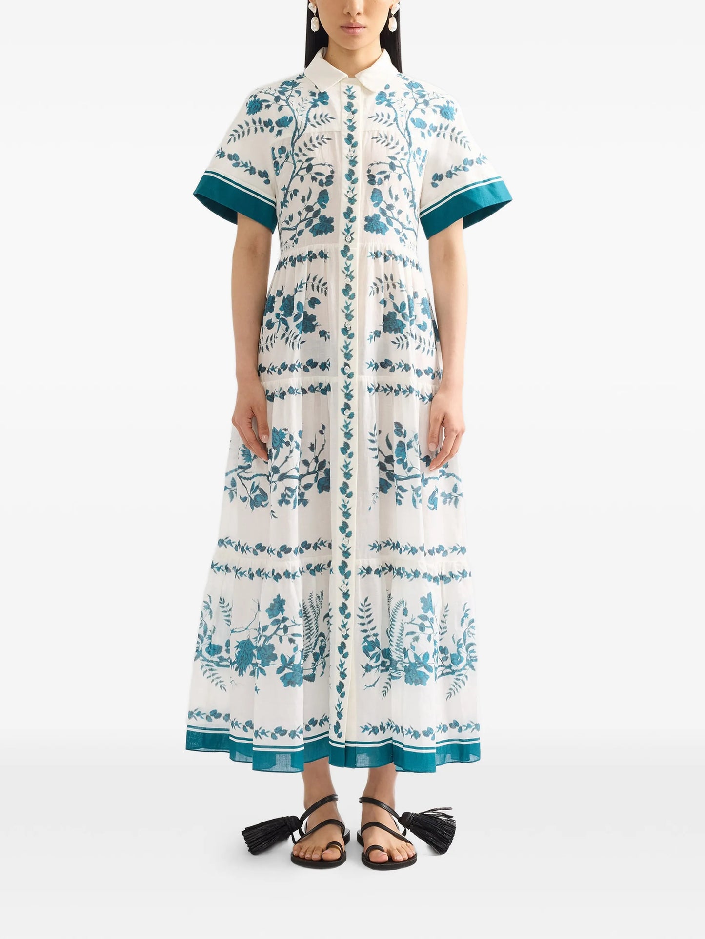 botanical-print tiered maxi shirt-dress