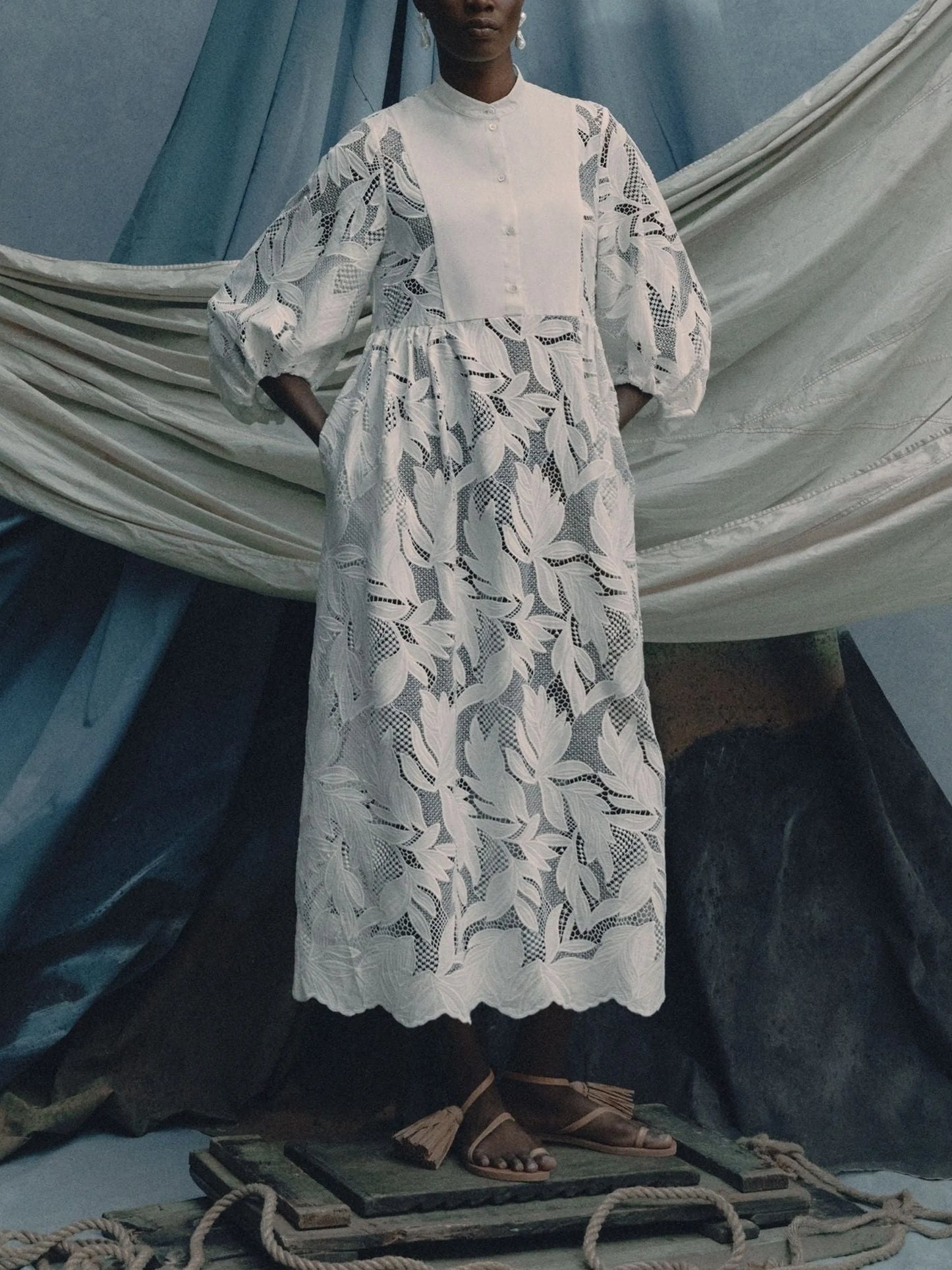 floral-cutwork midi dress