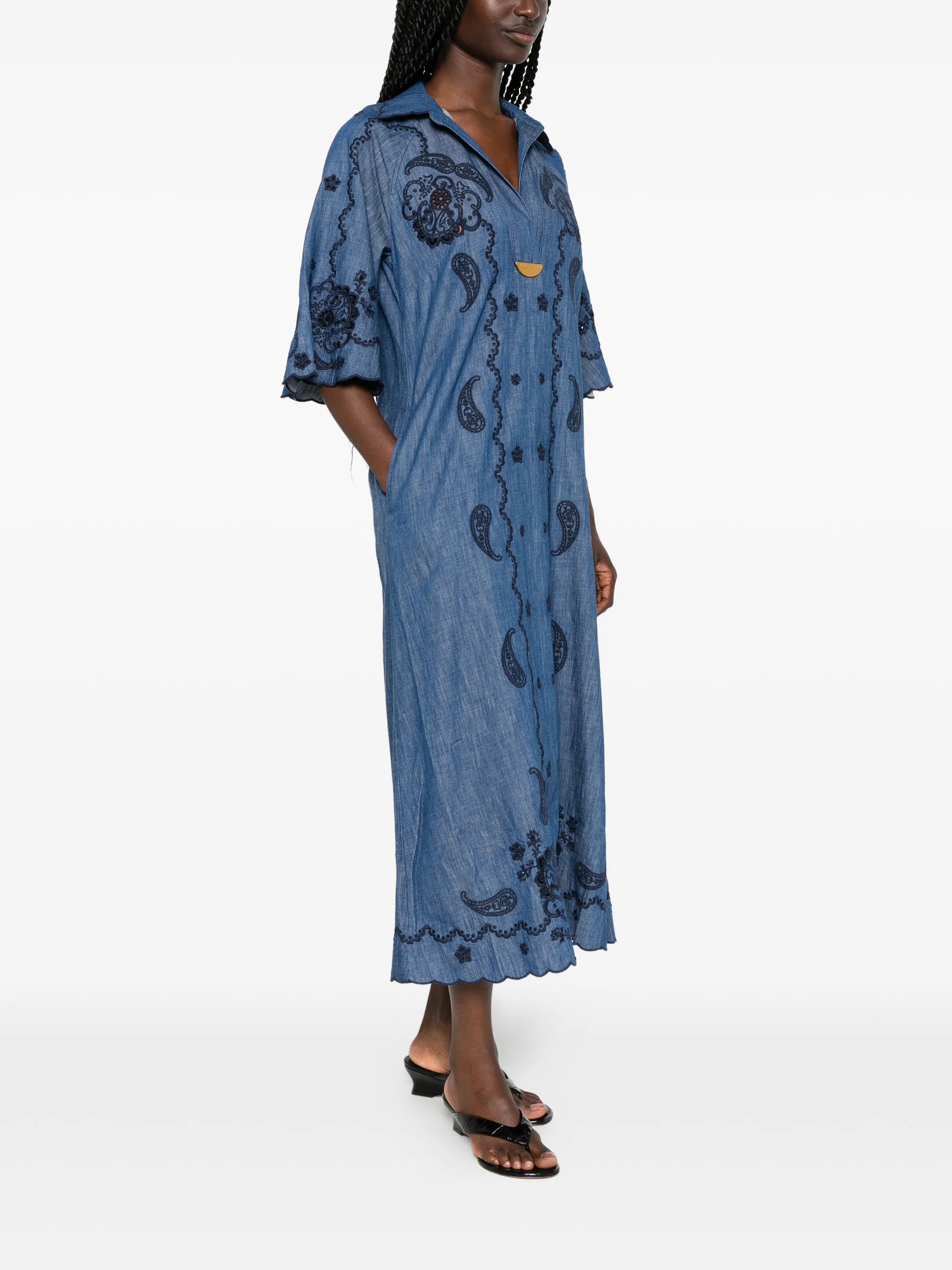 Aster embroidered denim midi dress
