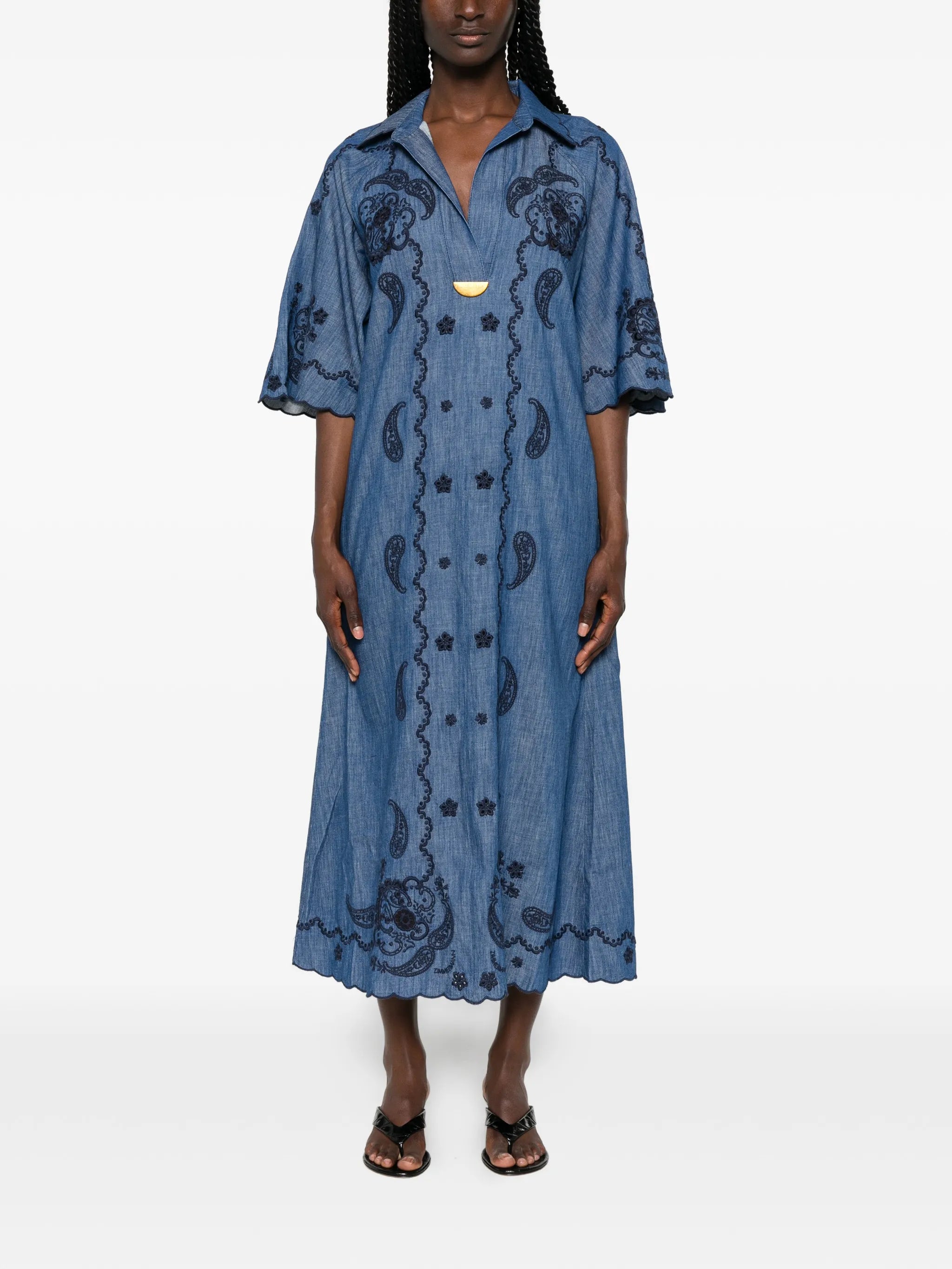 Aster embroidered denim midi dress