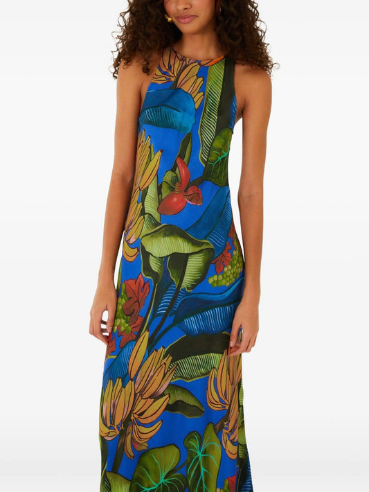 blue banana grapes sleeveless maxi dress
