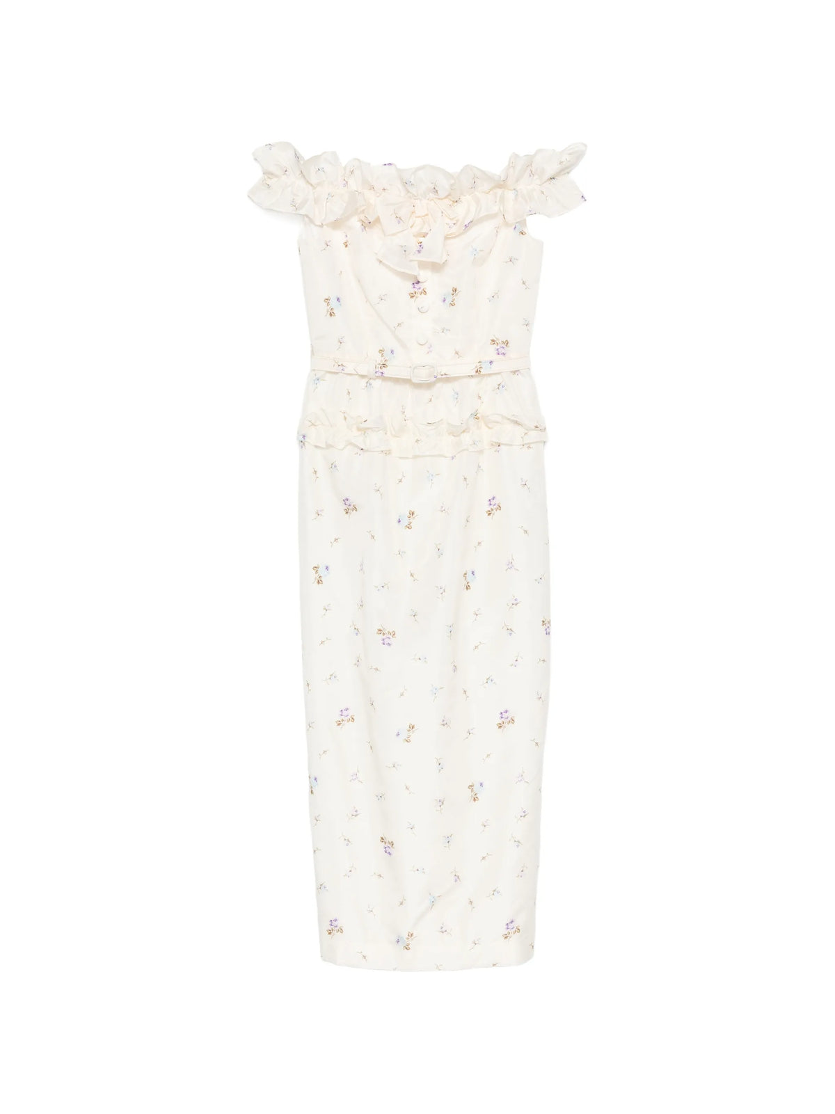 floral-print silk taffeta off-shoulder dress