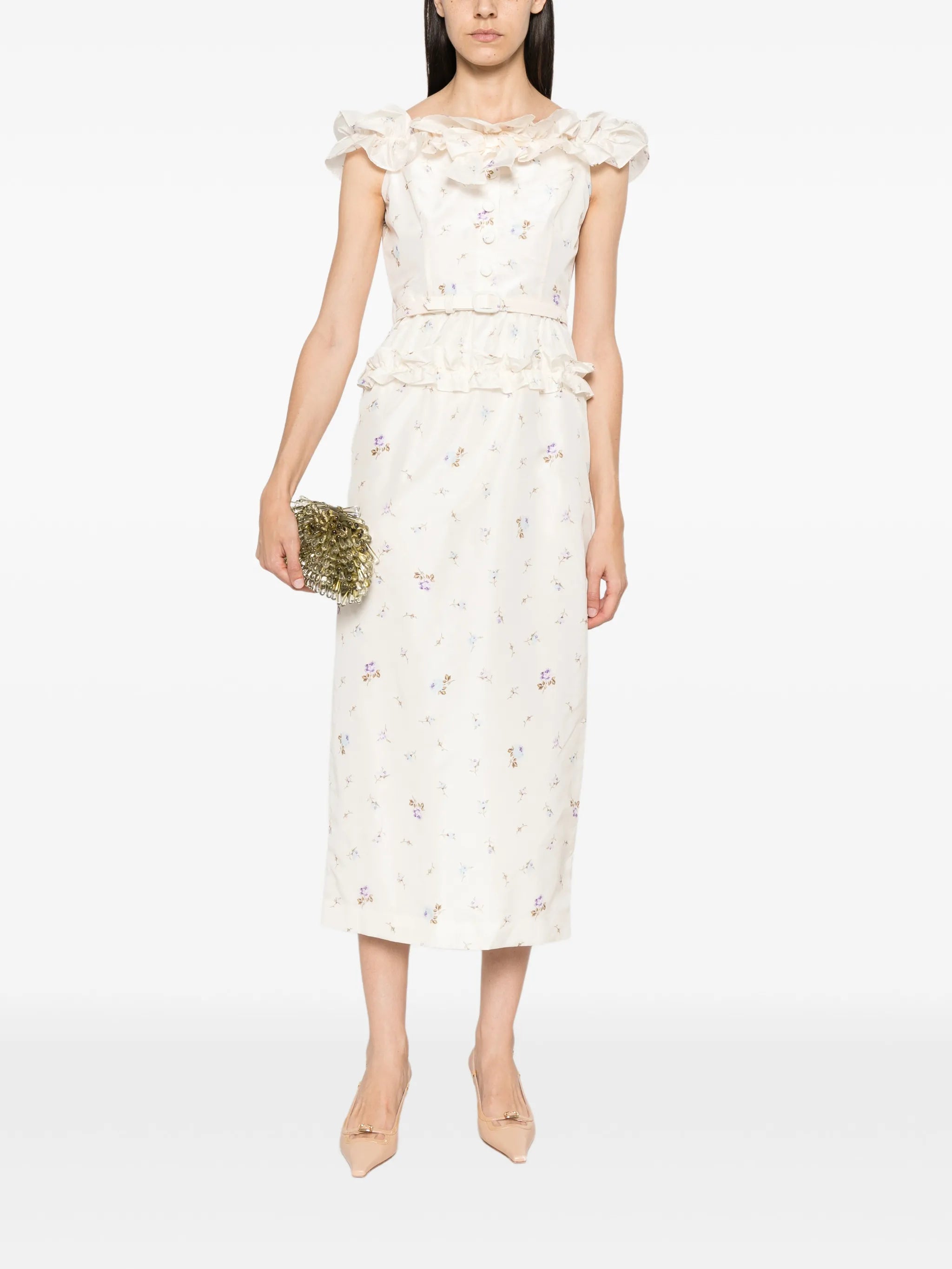 floral-print silk taffeta off-shoulder dress