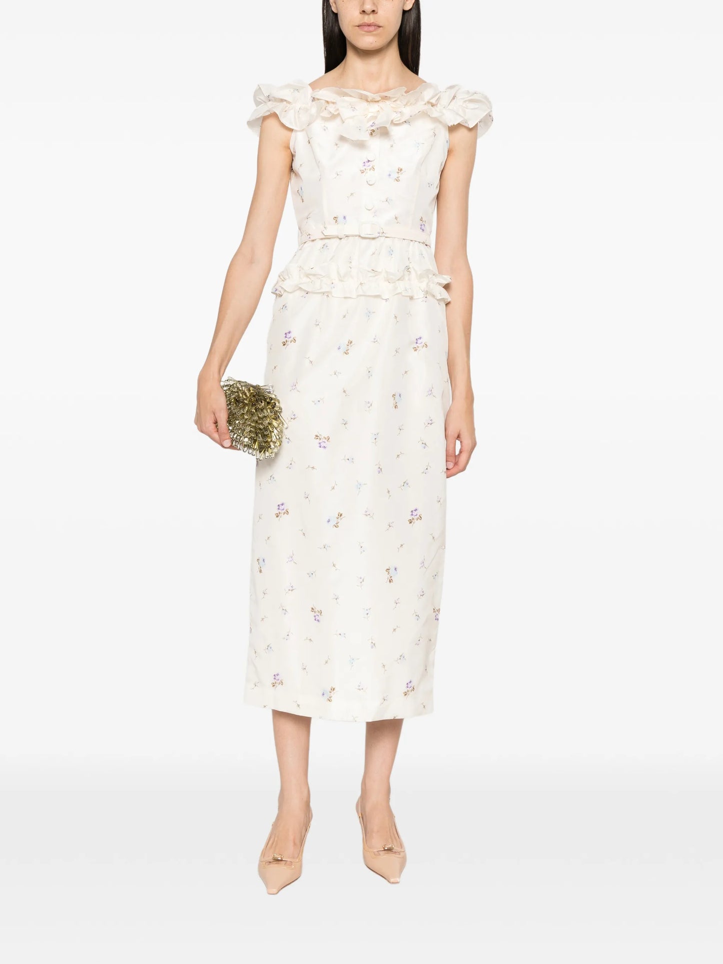 floral-print silk taffeta off-shoulder dress
