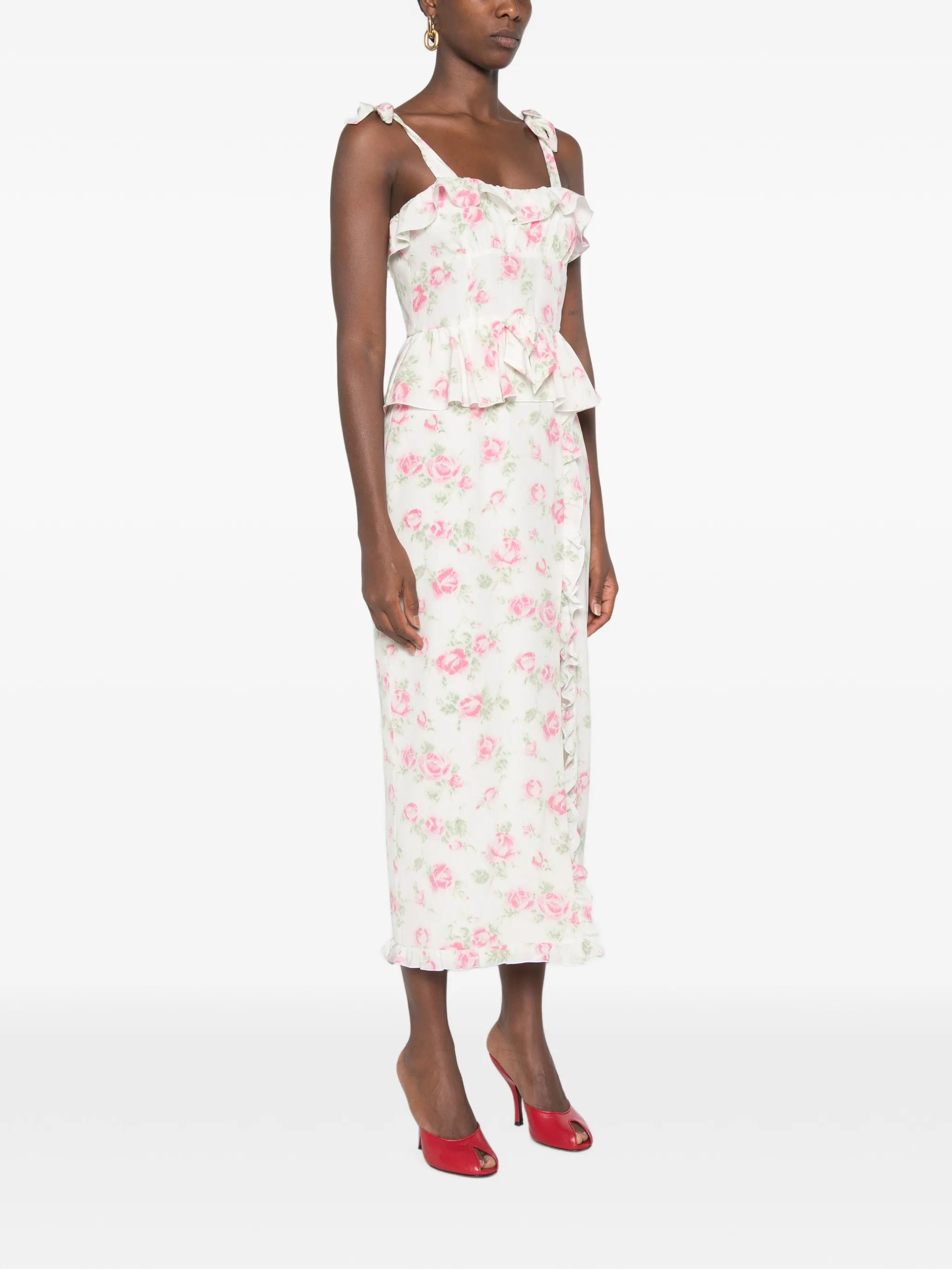 floral-print ruffled midi dress