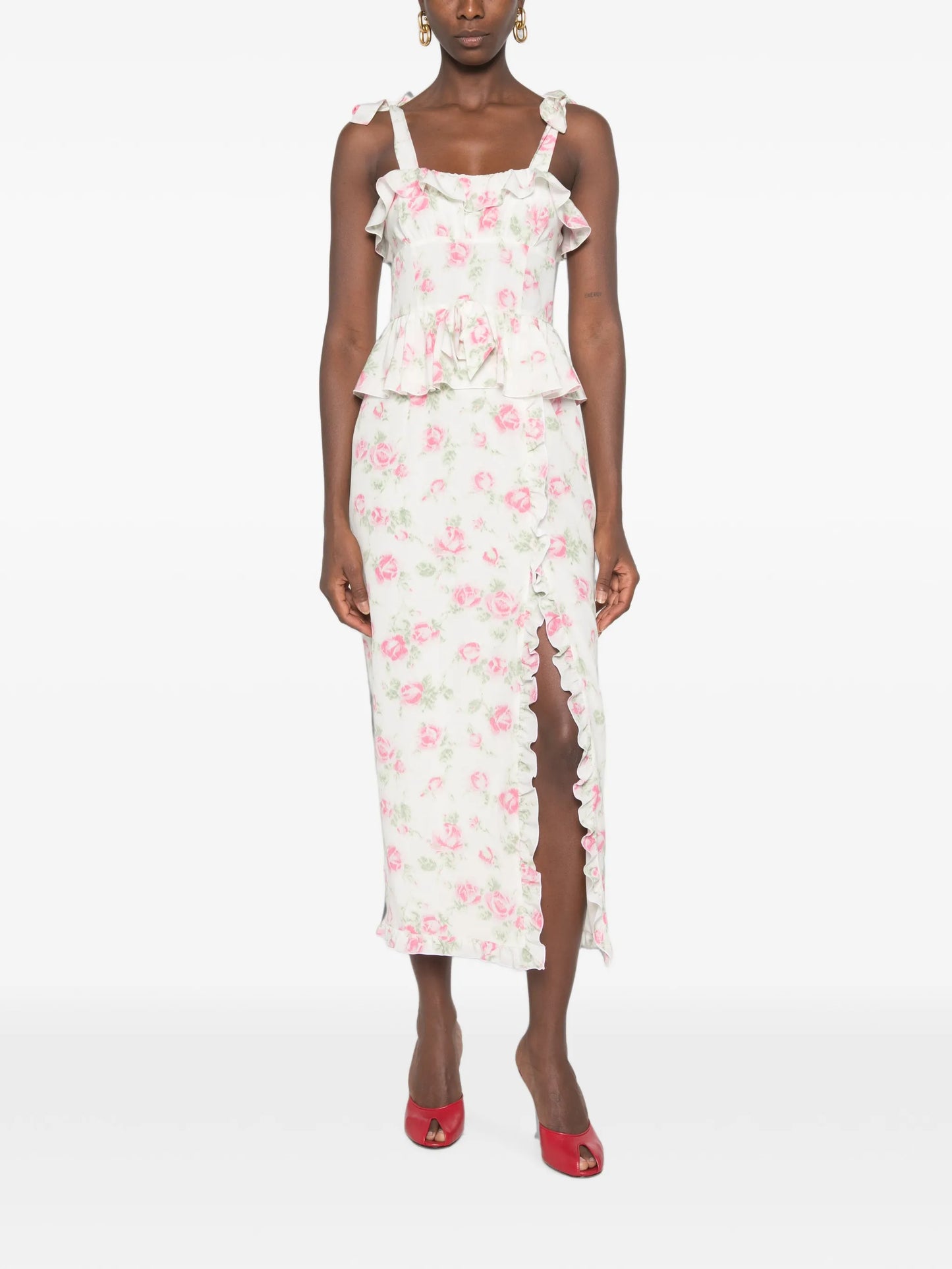 floral-print ruffled midi dress