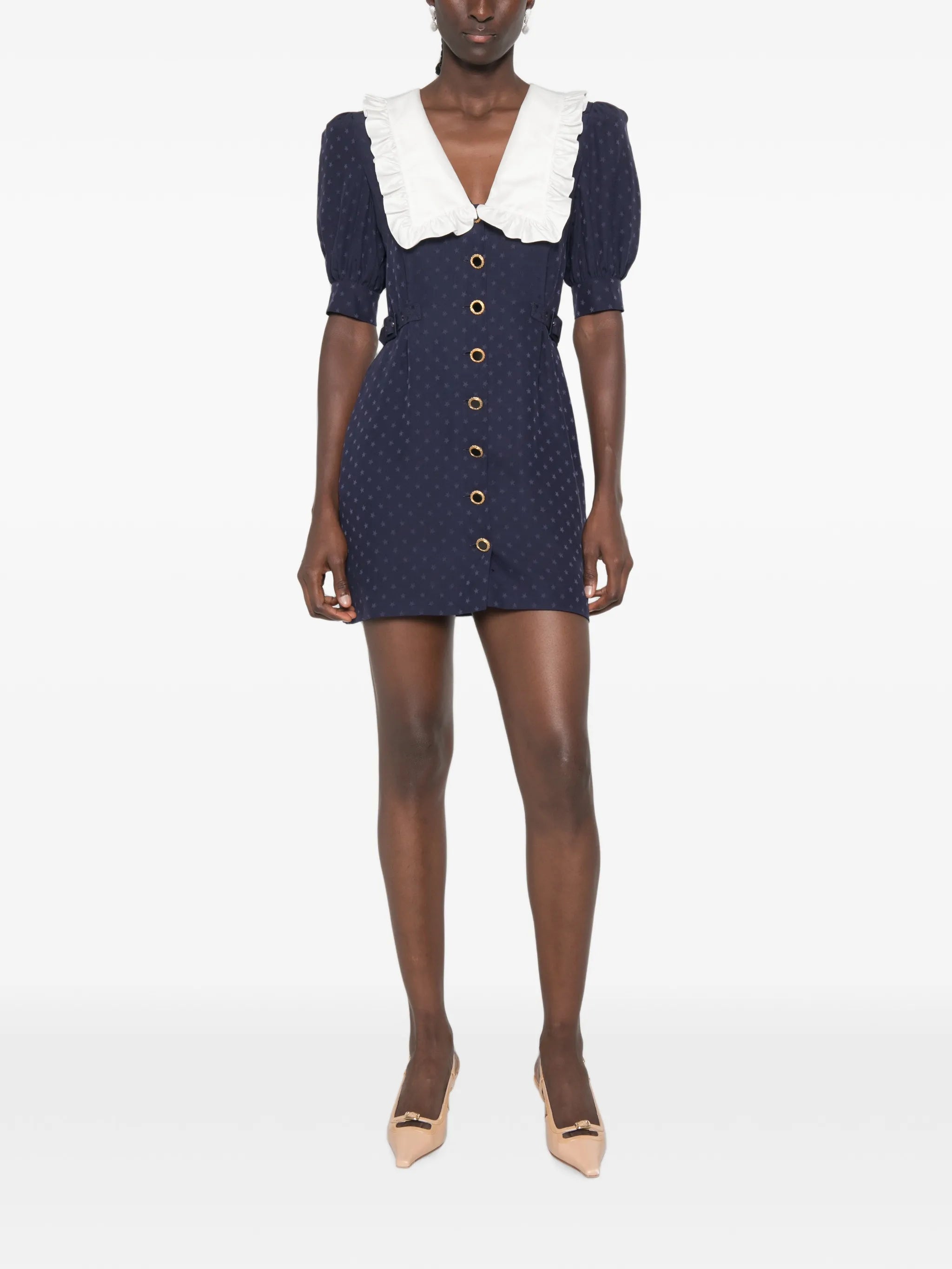 star-jacquard ruffled-collar mini dress